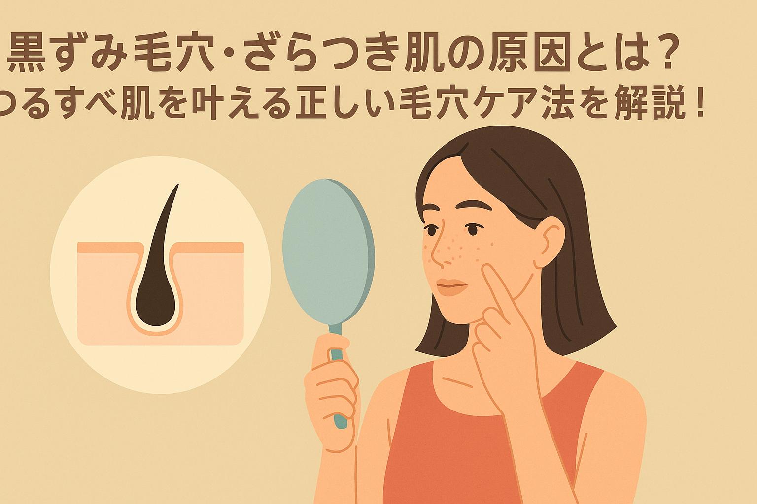 黒ずみ毛穴とざらつき肌の原因を視覚的に表現した図解。正しい毛穴ケア法を紹介する記事のアイキャッチです。