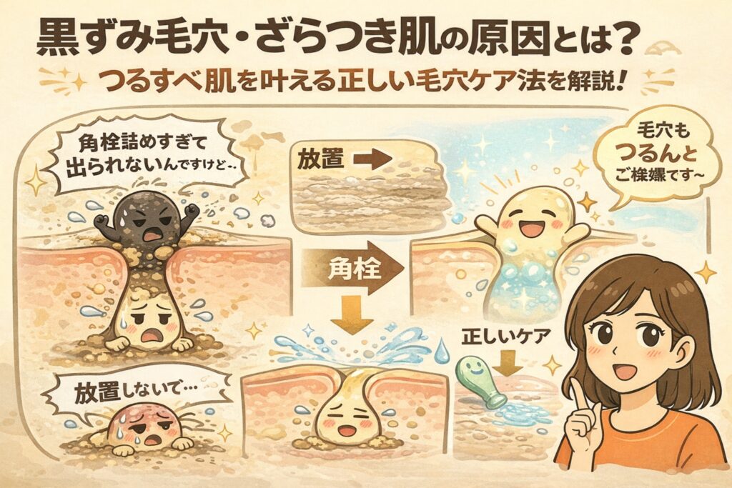 黒ずみ毛穴・ざらつき肌の原因と正しい毛穴ケアを解説した図解イラスト。角栓が詰まって皮脂が排出できない状態、放置による悪化、角栓がゆるみ流れることで毛穴がなめらかになる過程を、断面図と擬人化キャラクターで段階的に説明している。
