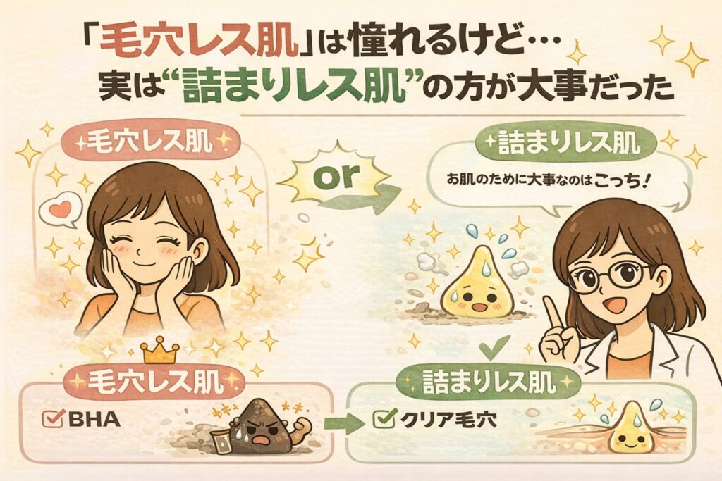 初心者向けに毛穴トラブルの正体と角栓予防の基本を解説する図解イラスト。毛穴に皮脂や汚れがたまって角栓ができる仕組みと、自宅でできる洗顔フォームとぬるま湯による基本ケアを、女性の解説と毛穴断面図で示している。