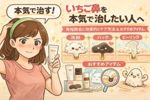 いちご鼻を本気で治したい女性がスキンケアアイテムを手にして前向きな表情を見せ、「洗顔・パック・ピーリング」による角栓除去ケアの流れと、おすすめアイテムを毛穴断面図や擬人化キャラクターで分かりやすく解説しているイラスト