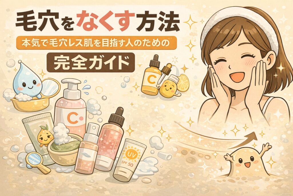 毛穴を目立たなくする方法を総合的に解説したイラスト。本気で毛穴レス肌を目指す人向けに、洗顔・美容液・保湿・UV対策などの基本スキンケアと、毛穴が整って明るい表情になる変化を、擬人化キャラクターとアイテムで分かりやすく表現している。
