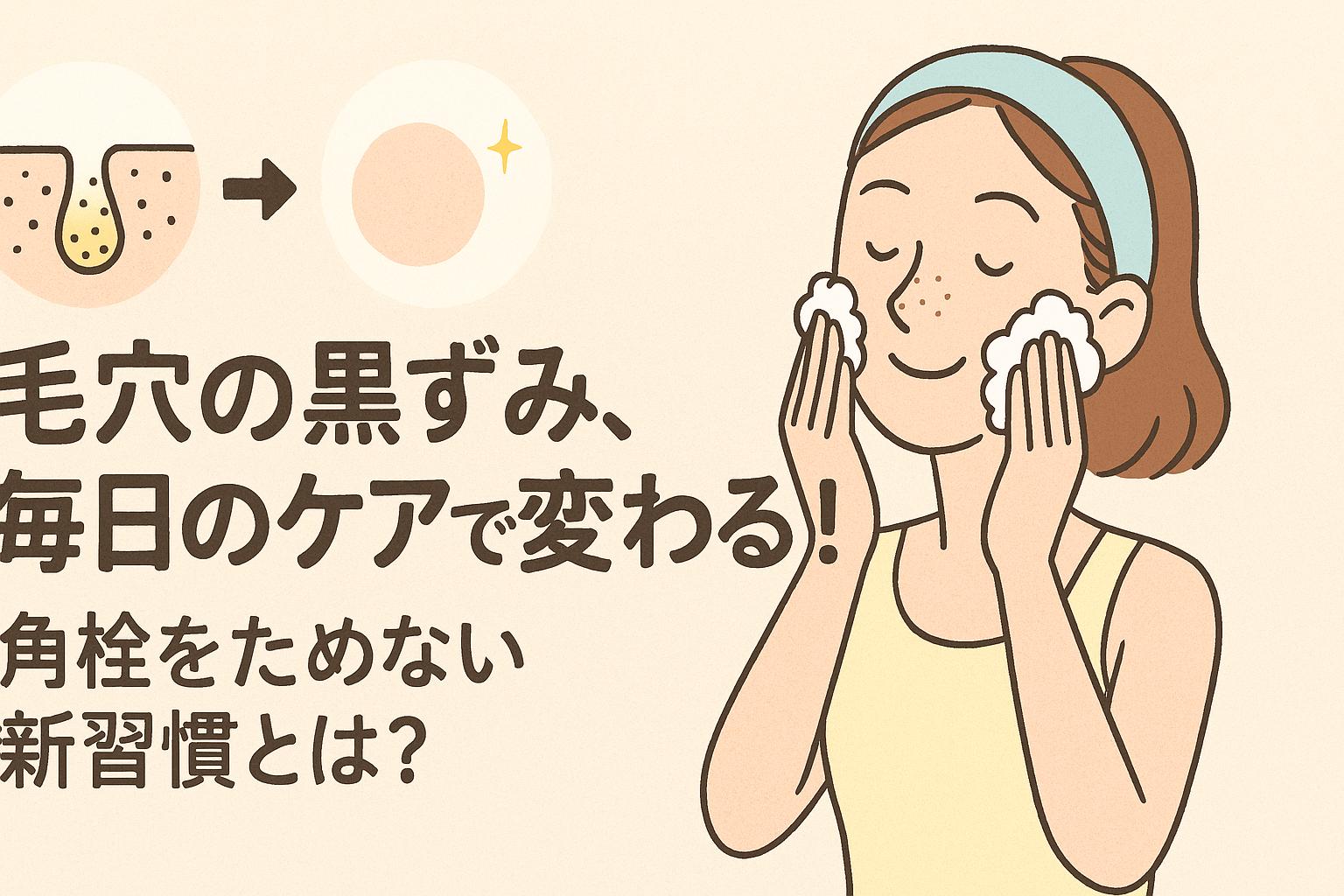 毎日の毛穴ケア習慣が黒ずみに与える影響を表現したイラスト。角栓予防習慣を伝える記事用画像です。