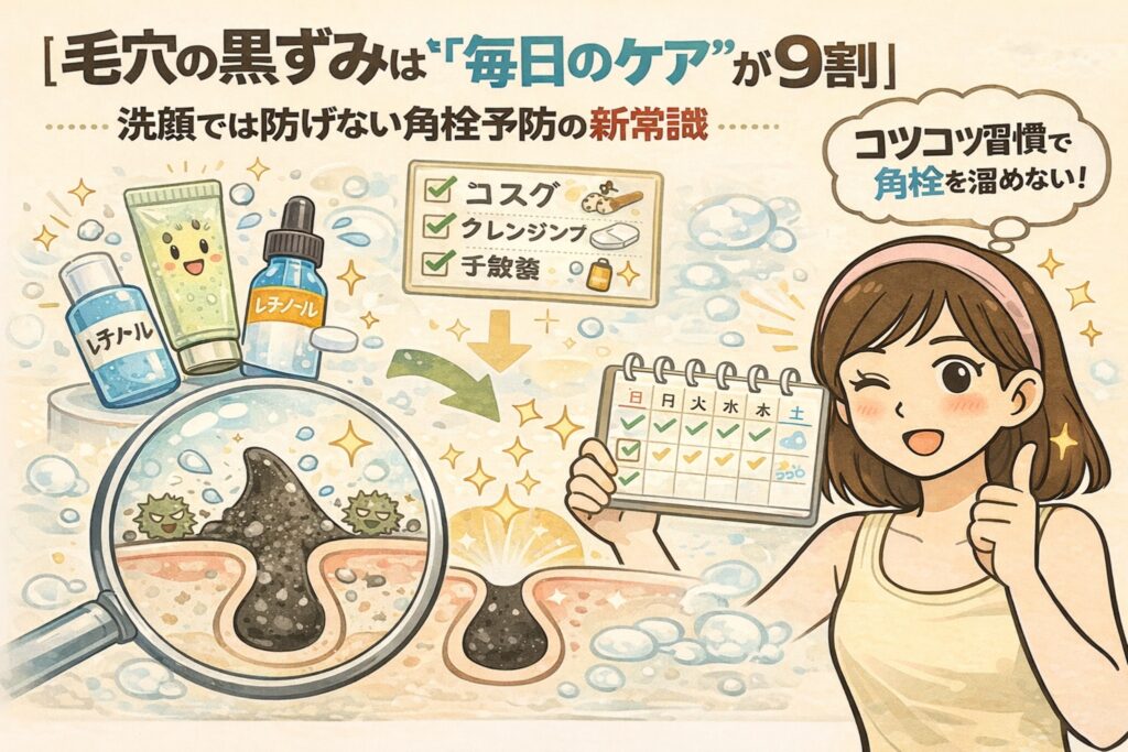 毛穴の黒ずみは洗顔だけでは防げず、毎日のケア習慣が重要であることを解説した図解イラスト。角栓の断面構造と、コツコツ続ける日常ケアによって黒ずみ予防につながる流れを分かりやすく表現している。