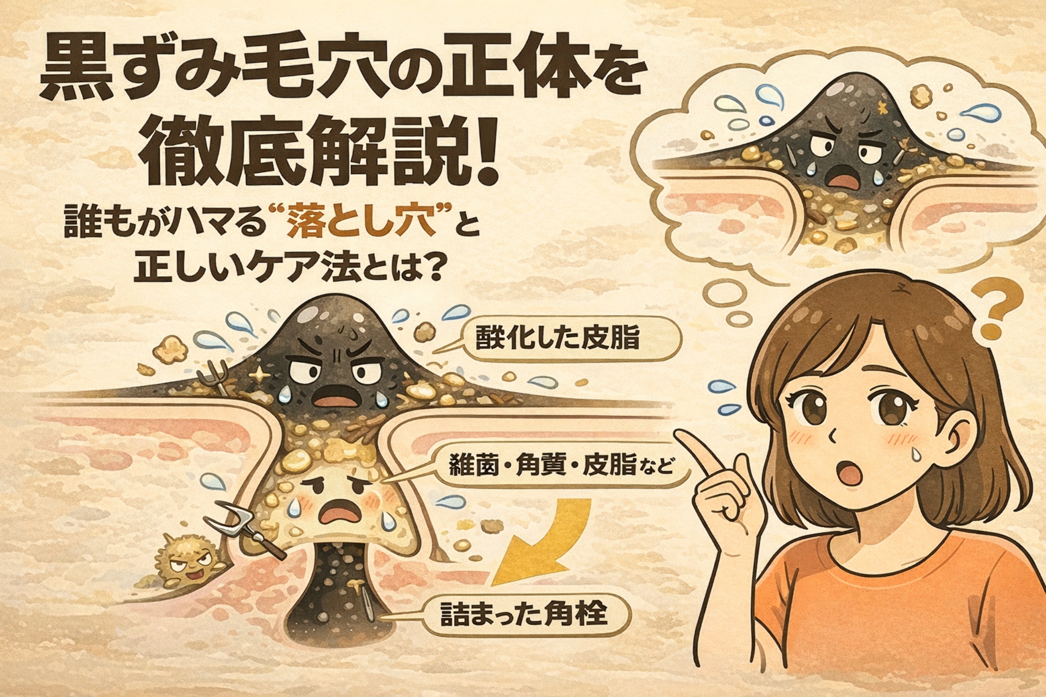 黒ずみ毛穴の正体を構造的に解説する図解イラスト。毛穴断面の中で、酸化した皮脂が黒く変色し、角質や雑菌と混ざって角栓として詰まっている様子が擬人化で描かれている。「黒ずみ毛穴の正体を徹底解説」「誰もがハマる“落とし穴”と正しいケア法とは？」というテーマのもと、黒ずみが汚れではなく“酸化した皮脂と角質のかたまり”であることを視覚的に示している。右側では疑問を持つ女性が指差し解説し、正しい理解とケアの重要性を伝える教育用ビジュアル。