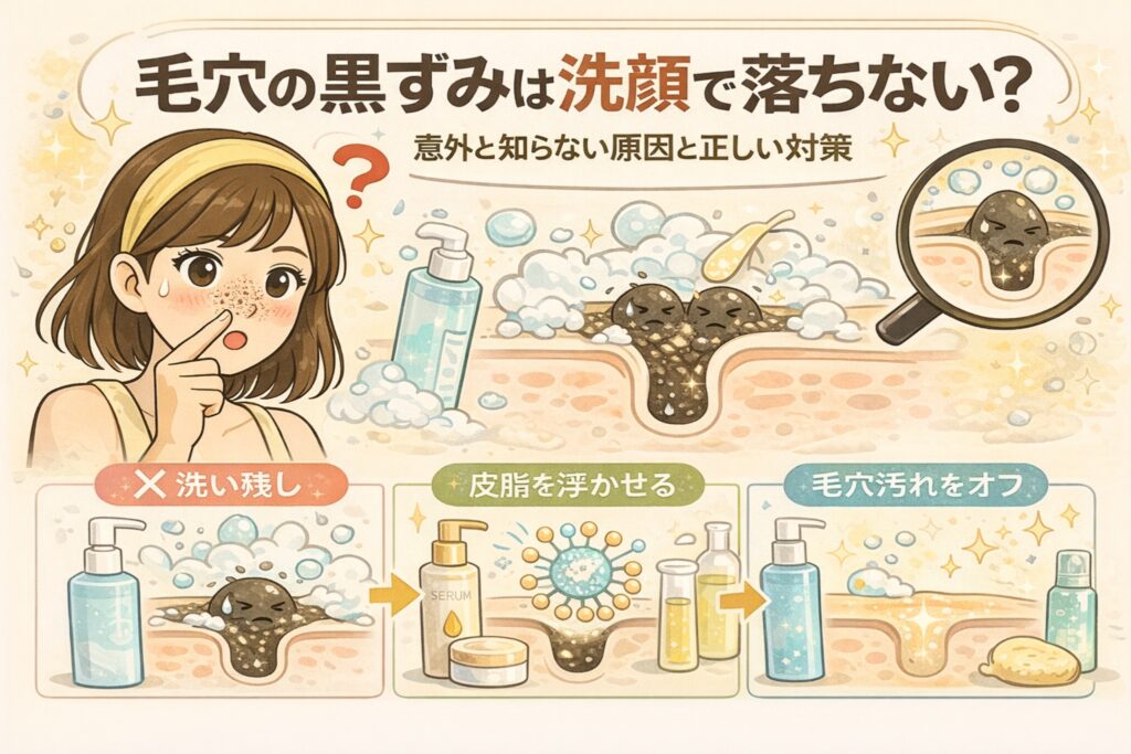 毛穴の黒ずみは洗顔だけでは落ちにくい理由と、正しい対策を解説するイラスト。黒ずみを気にする女性、洗顔で落ちない角栓の構造を示した毛穴断面図、そして「洗い残しではない」「皮脂を浮かせる」「毛穴汚れをオフする」という正しいケアの流れを、スキンケアアイテムとともに視覚的に表現している。
