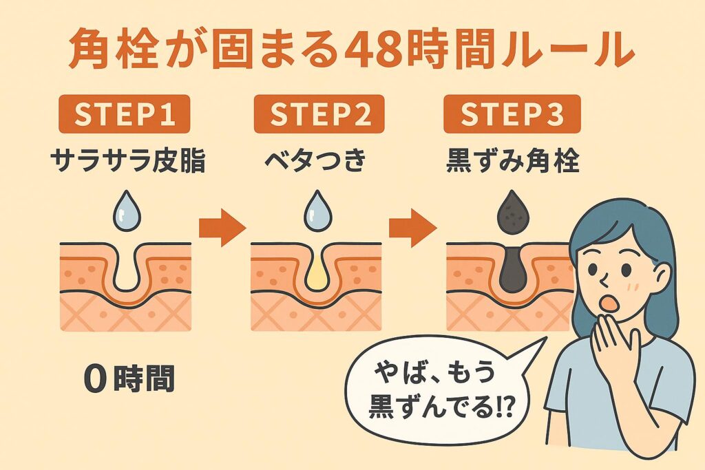 「角栓が固まる48時間ルール」を示す日本語インフォグラフィック。
STEP1(0時間):サラサラ皮脂の状態を毛穴断面図で表示
STEP2(24時間):皮脂がベタついて毛穴に溜まり始める状態
STEP3(48時間):黒ずみ角栓として固まった状態
右側には驚いた表情の女子大学生キャラが「やば、もう黒ずんでる!?」とコメントしている。