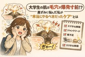 大学生の肌が毛穴トラブルに悩みやすい理由を描いたイラスト。黒ずみが進行しやすい状態を火山の噴火に例えて表現し、スマホ使用や課題、ジャンクフード、睡眠不足など生活習慣が毛穴環境に影響する可能性をわかりやすく示している。