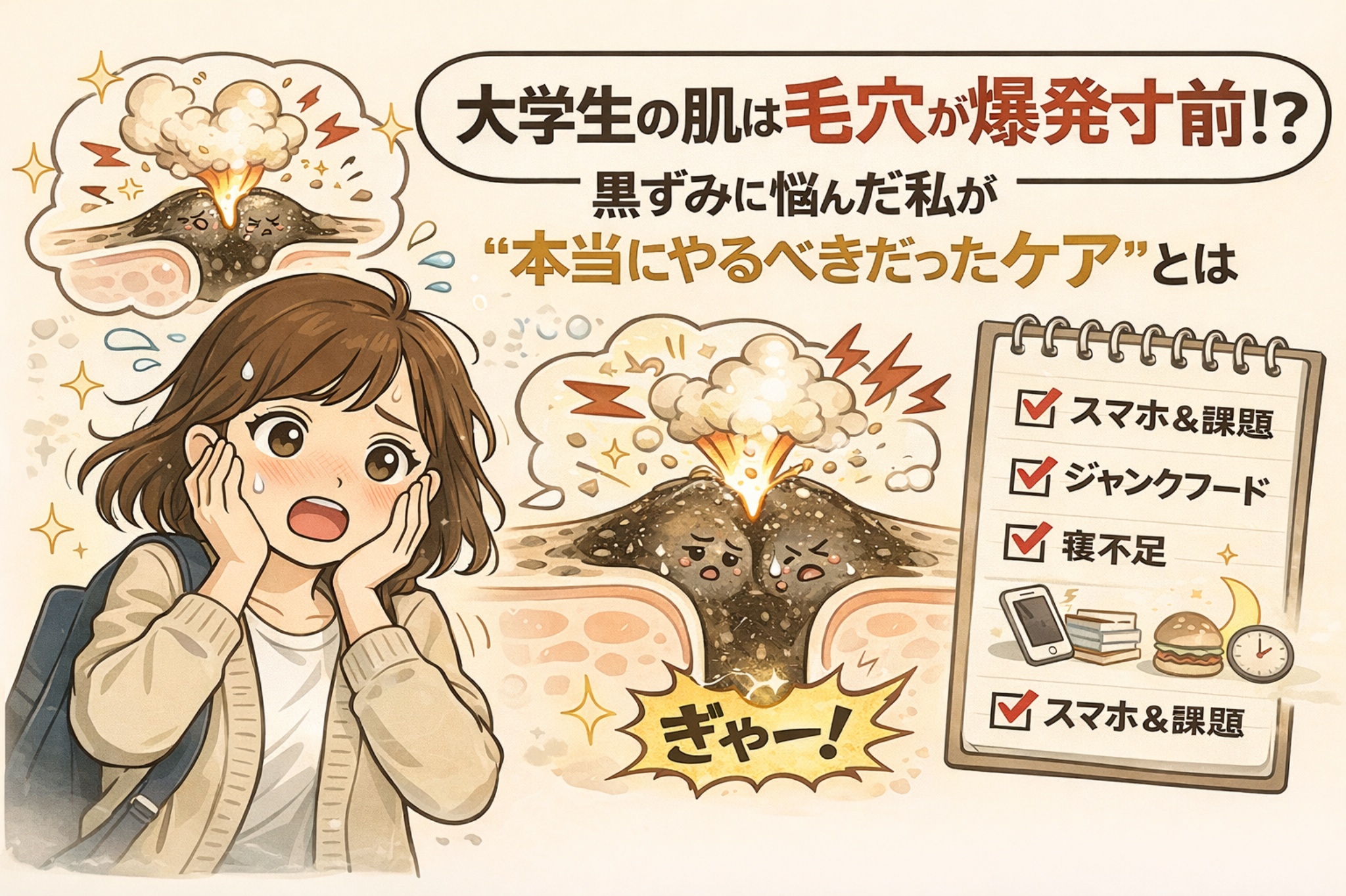 大学生の肌が毛穴トラブルに悩みやすい理由を描いたイラスト。黒ずみが進行しやすい状態を火山の噴火に例えて表現し、スマホ使用や課題、ジャンクフード、睡眠不足など生活習慣が毛穴環境に影響する可能性をわかりやすく示している。