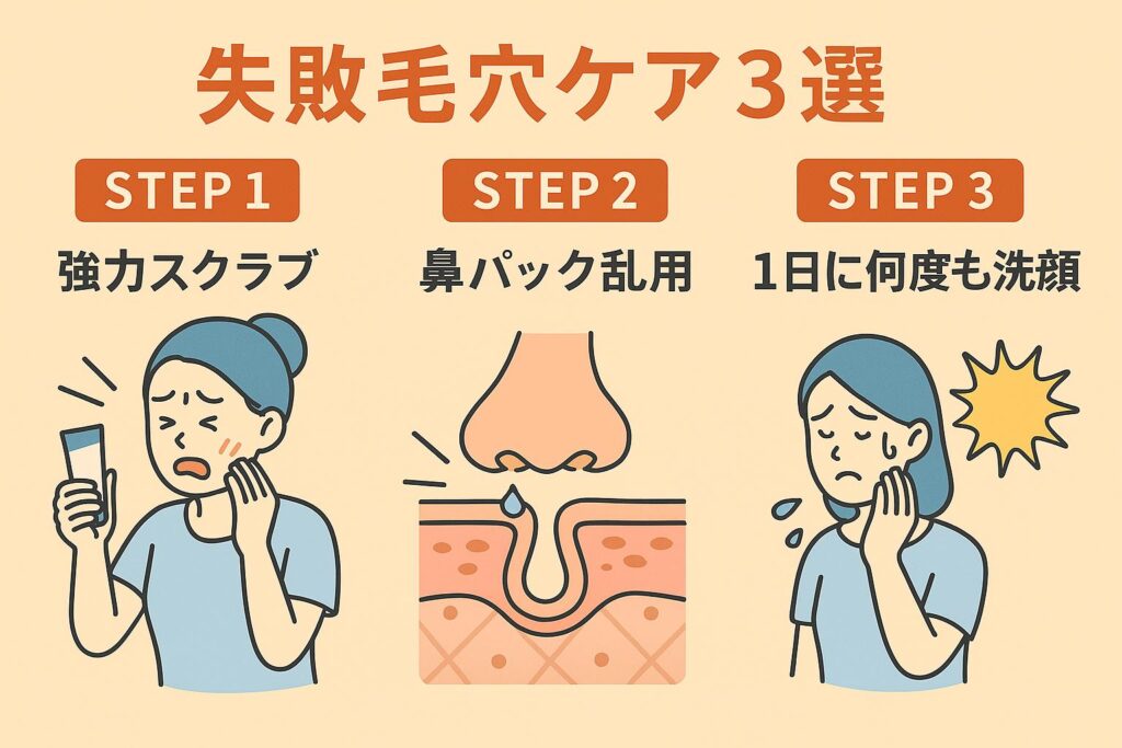 「失敗毛穴ケア3選」を示す横長の日本語インフォグラフィック。
STEP1 強力スクラブ:顔がヒリヒリしている女性のイラスト
STEP2 鼻パック乱用:鼻パックで角栓を抜き取った断面図
STEP3 1日に何度も洗顔:乾燥して皮脂が大噴出している女性のイラスト
背景は淡いベージュ色で、3つの失敗ケアが並列で描かれている。