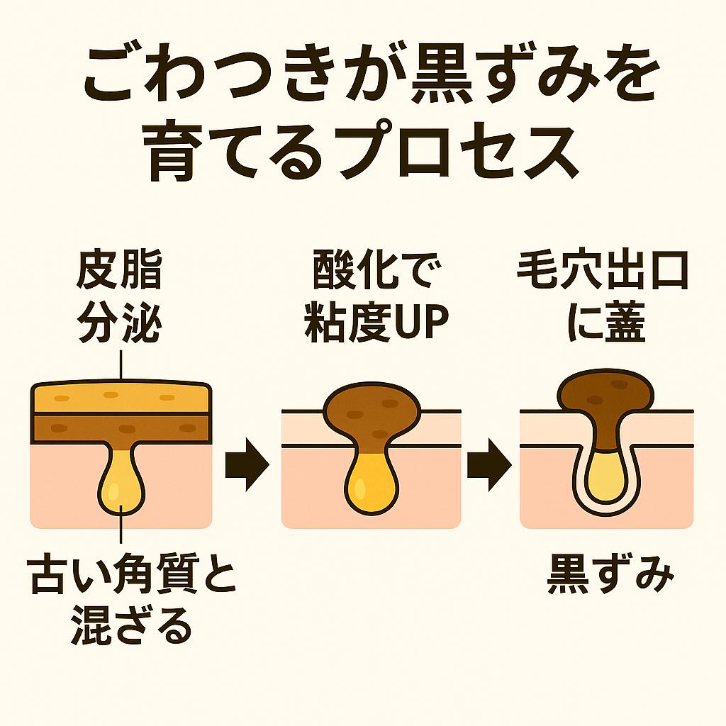 図解イラスト：3段階のプロセス図。左：皮脂分泌と古い角質が混ざる鼻の断面図。中央：酸化によって皮脂が粘度を増している様子。右：毛穴の出口が塞がれ、黒ずみとなっている状態。上部に『ごわつきが黒ずみを育てるプロセス』と書かれている。