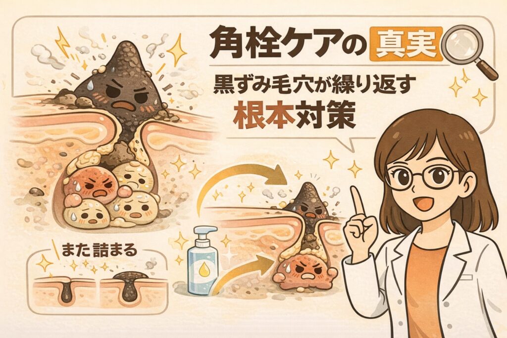 角栓ケアの真実を解説する図解イラスト。皮脂と角質が重なって角栓が形成され、除去しても再び黒ずみ毛穴が繰り返される仕組みと、根本対策の考え方を、白衣の女性が説明している。