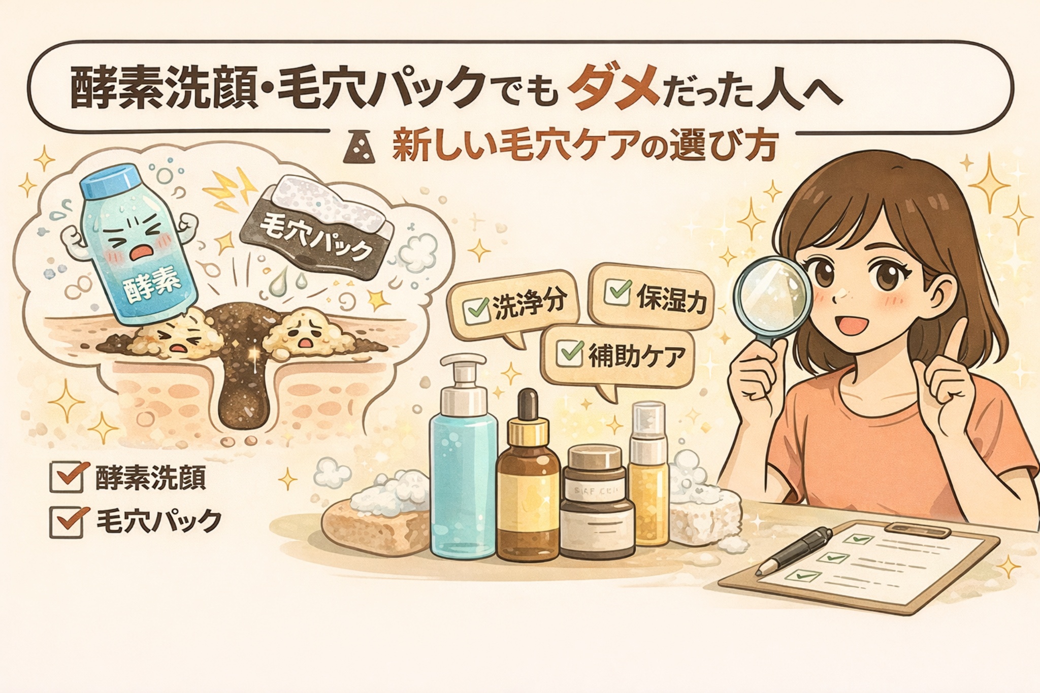 酵素洗顔や毛穴パックでも効果を感じられなかった人に向けて、新しい毛穴ケアの考え方を紹介する図解イラスト。角栓が残る毛穴の様子と、洗浄・保湿・補助ケアを組み合わせたケア選びを、女性の解説とチェックリストで示している。
