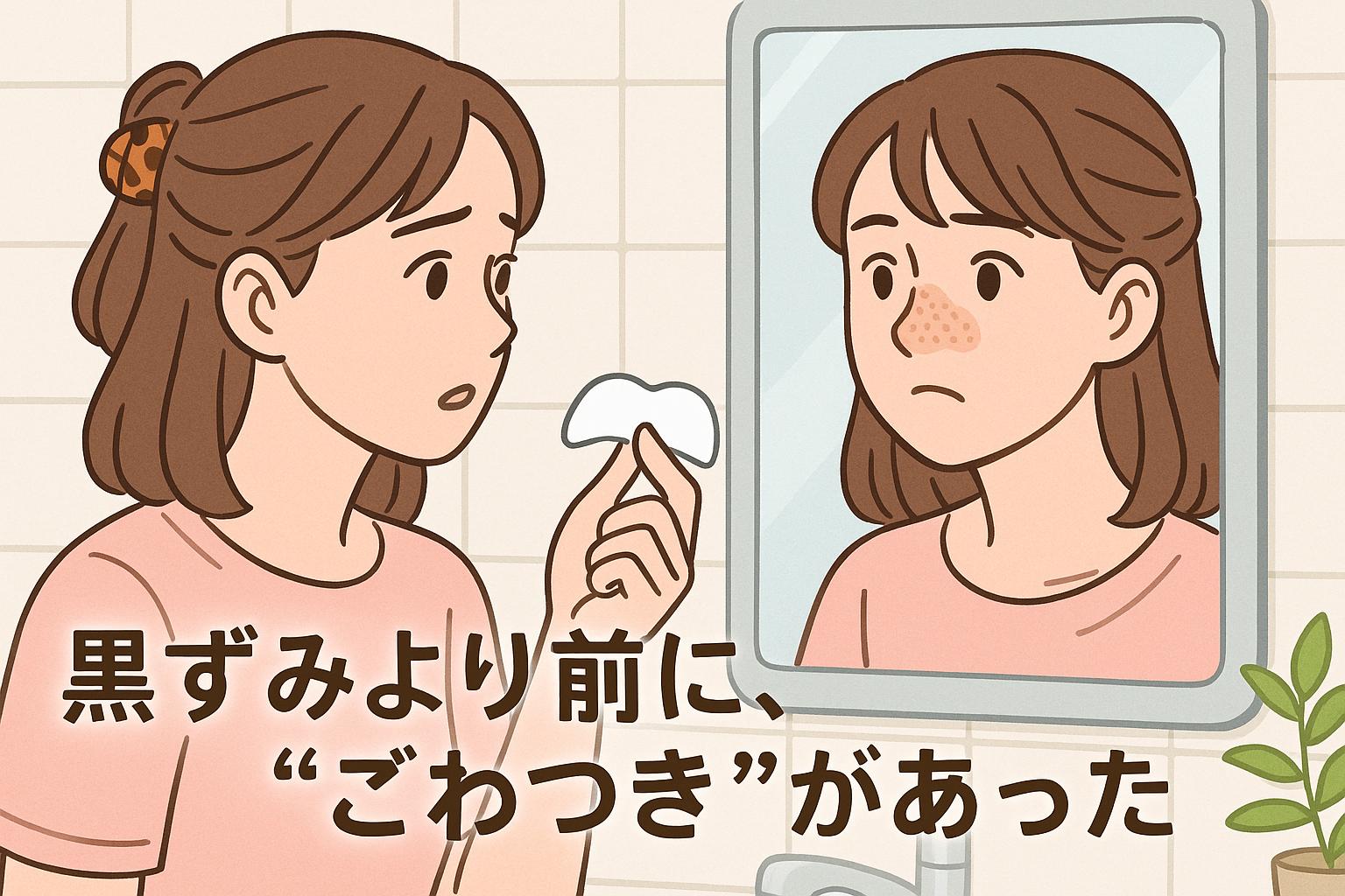 洗面所の鏡の前で鼻パックを手に持つ20代女性。鏡の中の彼女の鼻にはざらざらしたごわつきが描かれており、下部には『黒ずみより前に、“ごわつき”があった』というテキストが表示されている。