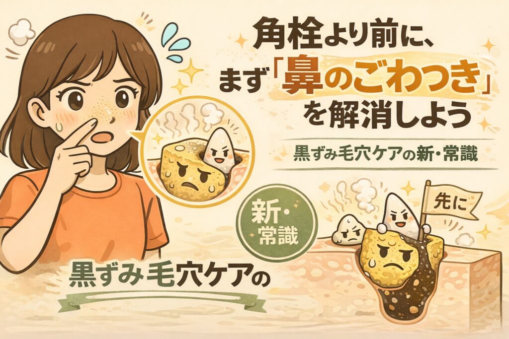 角栓ケアの前に、まず鼻のざらつきを解消する重要性を伝える図解イラスト。鼻を気にする女性と、黒ずみ毛穴の原因となる詰まりを擬人化キャラクターで表現し、黒ずみ毛穴ケアの新しい常識を示している。