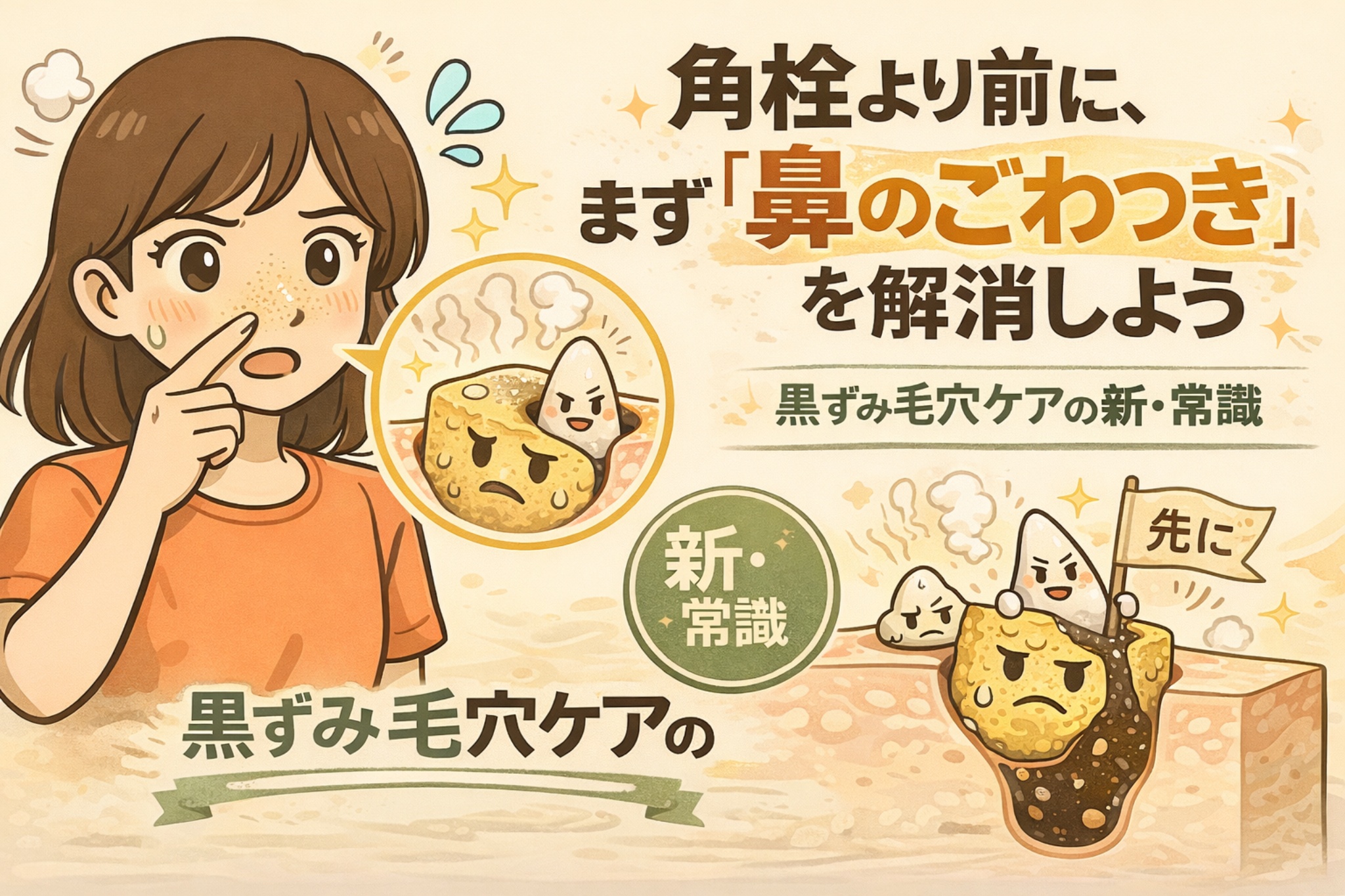 角栓ケアの前に、まず鼻のざらつきを解消する重要性を伝える図解イラスト。鼻を気にする女性と、黒ずみ毛穴の原因となる詰まりを擬人化キャラクターで表現し、黒ずみ毛穴ケアの新しい常識を示している。