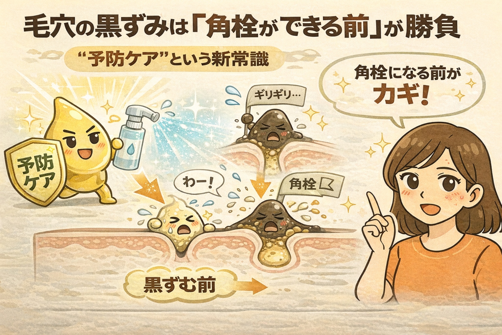 毛穴の黒ずみは角栓ができる前のケアが重要であることを解説したイラスト。皮脂や汚れが角栓になる直前の段階で「予防ケア」を行うことで、黒ずみや詰まりを防げる構造を毛穴断面図で示している。角栓化するギリギリの状態と、黒ずむ前にケアできた状態を対比し、「角栓になる前がカギ！」という新しい予防ケアの考え方を、指差しで説明する女性とともに分かりやすく伝えている。