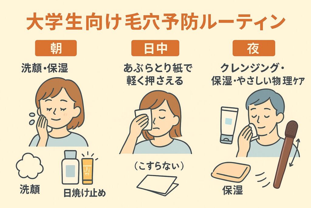 「大学生向け毛穴予防ルーティン」の図解。横並びで朝/日中/夜の3パート。
朝:女性が頬を洗うイラスト。下に泡・化粧水ボトル・SPF表記のチューブのアイコン。テキストは「洗顔・保湿・日焼け止め」。
日中:女性があぶらとり紙を頬に軽く当てる。下に紙のアイコンと「(こすらない)」の注記。
夜:人物がコットンで拭き取り、横にジェル容器とタオル、さらにブラウンの毛穴用ブラシ(やさしい物理ケアを示す)が描かれている。テキストは「クレンジング・保湿・やさしい物理ケア」。
全体は淡いベージュ背景のフラットイラスト。