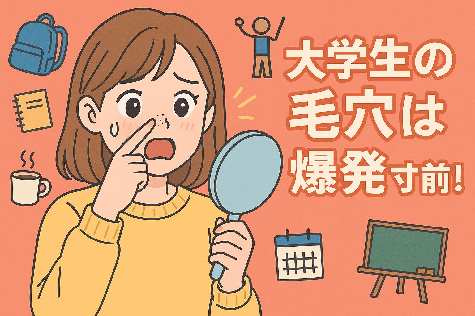 「鏡を手に持ち、鼻の黒ずみを見てショックを受けている女子大学生のイラスト。背景にはリュック、ノート、コーヒー、カレンダー、黒板など大学生活を象徴するアイコンが描かれ、右側に『大学生の毛穴は爆発寸前!?』という文字が大きく配置されている。」