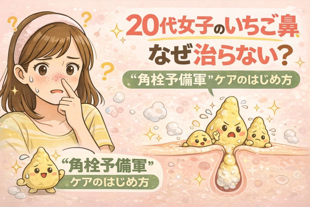 20代女性のいちご鼻がなぜ治らないのかを解説したイラスト。鼻の赤みや毛穴詰まりに悩む若い女性と、毛穴内で角栓が育つ様子が擬人化キャラクターで描かれている。「角栓予備軍ケアのはじめ方」というメッセージとともに、早い段階からの毛穴ケア習慣の重要性を伝える淡いピンク背景のアイキャッチ。