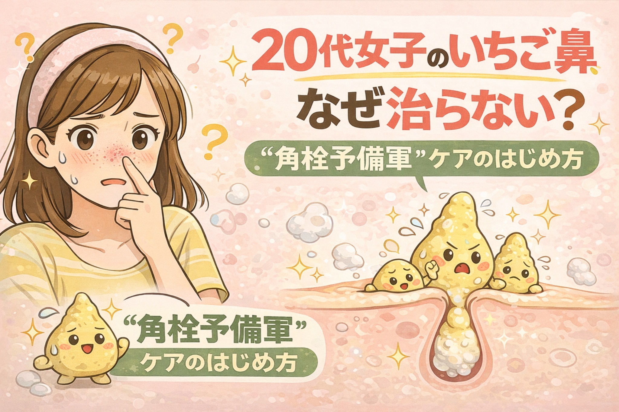 20代女性のいちご鼻がなぜ治らないのかを解説したイラスト。鼻の赤みや毛穴詰まりに悩む若い女性と、毛穴内で角栓が育つ様子が擬人化キャラクターで描かれている。「角栓予備軍ケアのはじめ方」というメッセージとともに、早い段階からの毛穴ケア習慣の重要性を伝える淡いピンク背景のアイキャッチ。