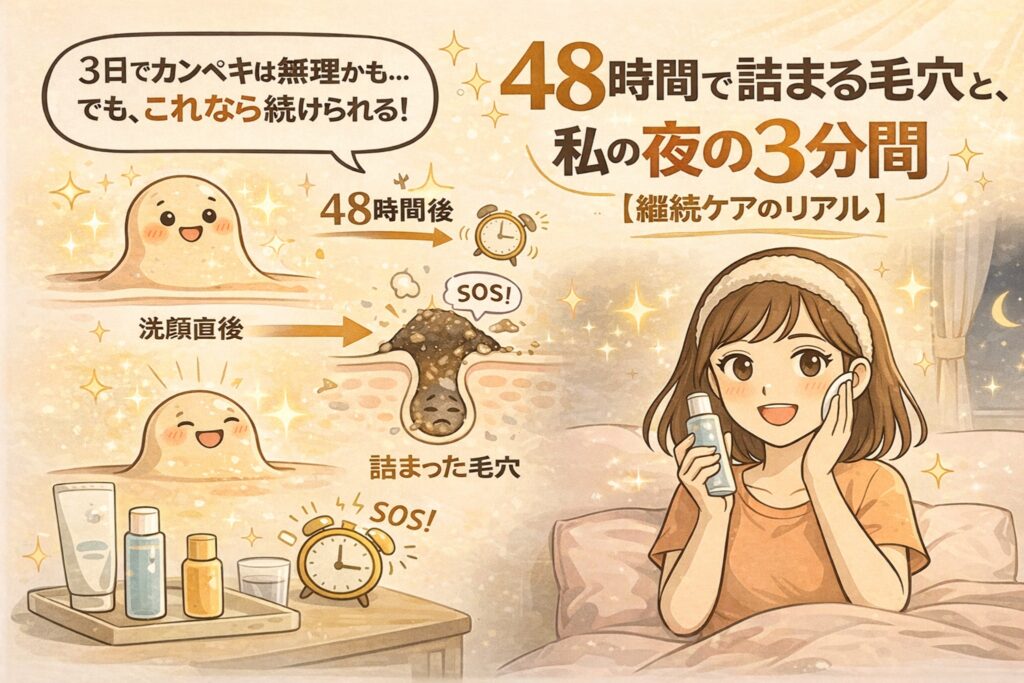 毛穴は48時間で詰まりやすいことと、夜の3分ケアを継続する重要性を描いたイラスト。洗顔直後は整っている毛穴が、48時間後に詰まっていく流れを図解しながら、就寝前にスキンケアを行う女性の様子を通して「無理なく続けられる習慣ケア」のリアルを表現している。