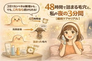 毛穴は48時間で詰まりやすいことと、夜の3分ケアを継続する重要性を描いたイラスト。洗顔直後は整っている毛穴が、48時間後に詰まっていく流れを図解しながら、就寝前にスキンケアを行う女性の様子を通して「無理なく続けられる習慣ケア」のリアルを表現している。