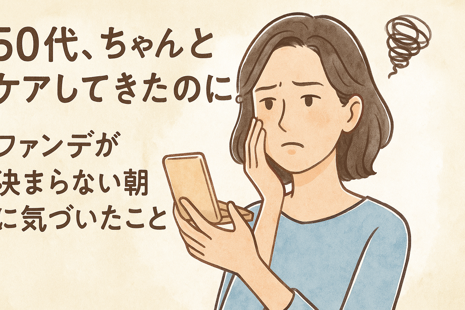 50代女性の毛穴の悩みと化粧崩れの様子を表現したイラスト