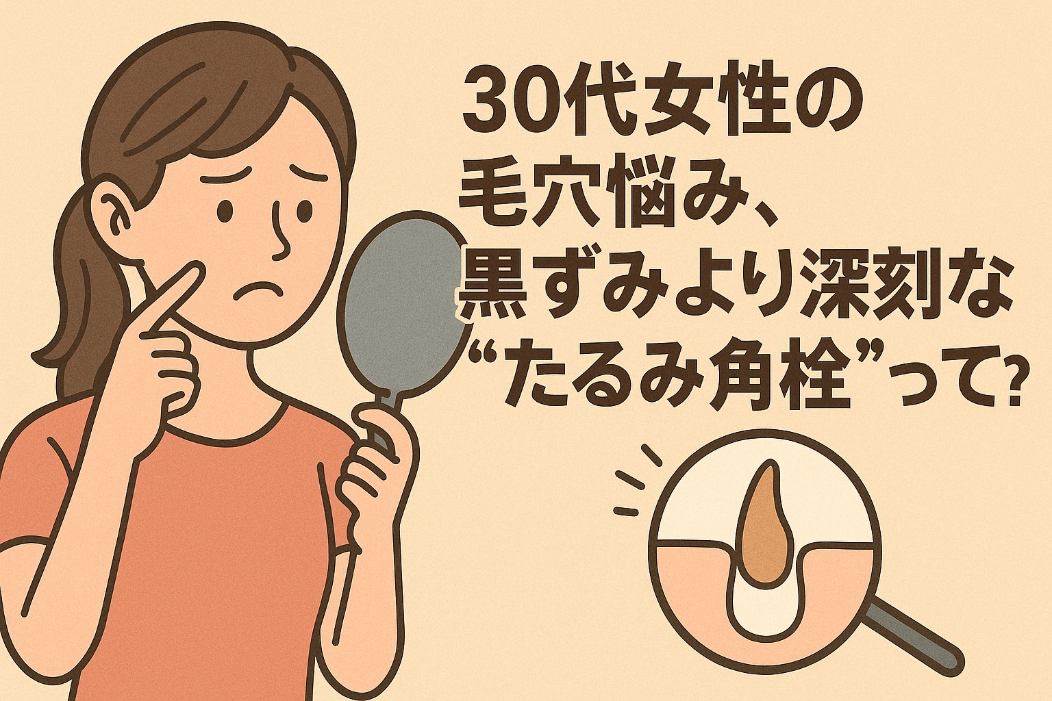 たるみ毛穴と角栓が混在する30代女性の肌断面図