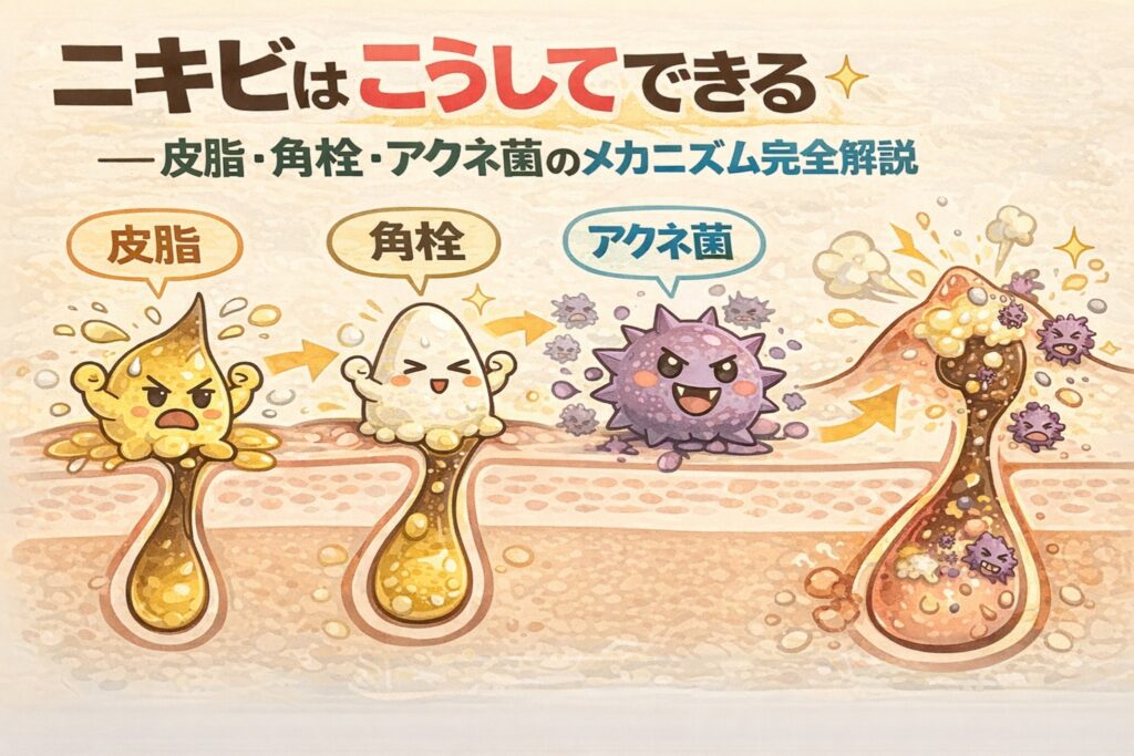ニキビができる仕組みを、皮脂・角栓・アクネ菌の3要素の流れとして解説した図解イラスト。毛穴内で皮脂が増え、角栓ができ、アクネ菌が増殖して炎症へ進む過程を擬人化キャラクターで表現している。