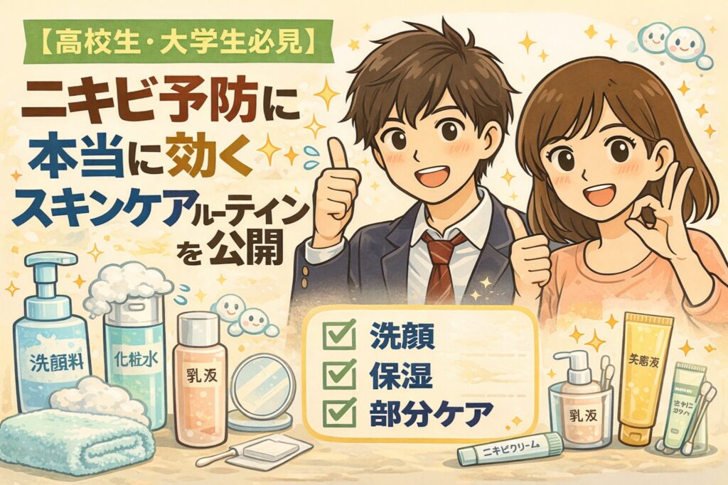 高校生・大学生向けに、ニキビ予防に本当に効果的なスキンケアルーティンを解説したイラスト。洗顔・保湿・部分ケアの3ステップを中心に、男女の学生が実践しやすい基本的なケア習慣を、スキンケアアイテムとチェックリストでわかりやすく示している。