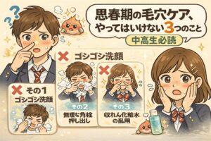思春期の毛穴ケアでやってはいけない3つの行動を解説したイラスト。ゴシゴシ洗顔、無理な角栓の押し出し、収れん化粧水の乱用といったNG習慣が、ニキビや毛穴トラブルを悪化させる可能性を、中高生の男女キャラクターとバツ印でわかりやすく示している。