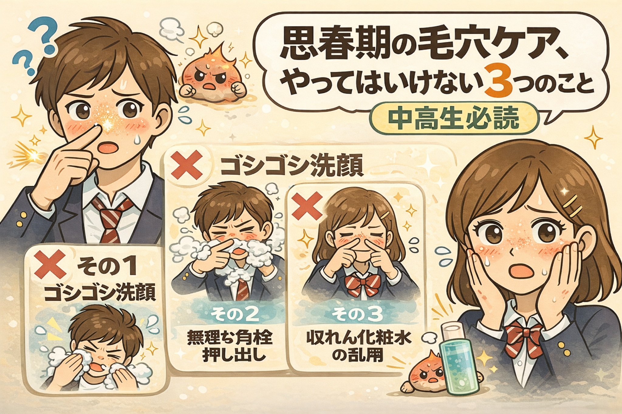 思春期の毛穴ケアでやってはいけない3つの行動を解説したイラスト。ゴシゴシ洗顔、無理な角栓の押し出し、収れん化粧水の乱用といったNG習慣が、ニキビや毛穴トラブルを悪化させる可能性を、中高生の男女キャラクターとバツ印でわかりやすく示している。