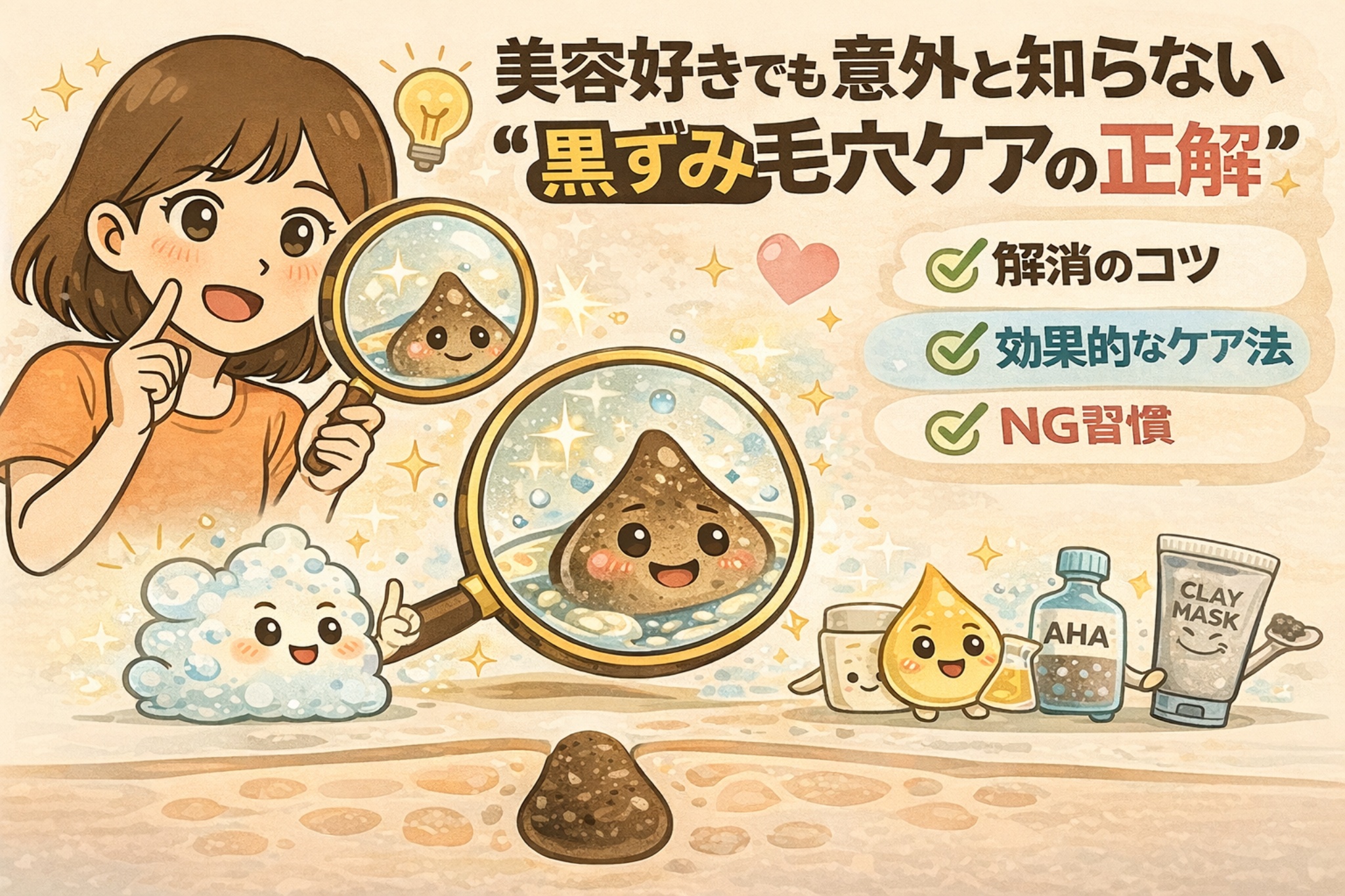 美容好きでも意外と知らない「黒ずみ毛穴ケアの正解」を解説した図解イラスト。黒ずみの正体である角栓を拡大表示し、解消のコツ、効果的なケア方法、避けるべきNG習慣を、擬人化キャラクターとスキンケアアイテムでわかりやすく示している。