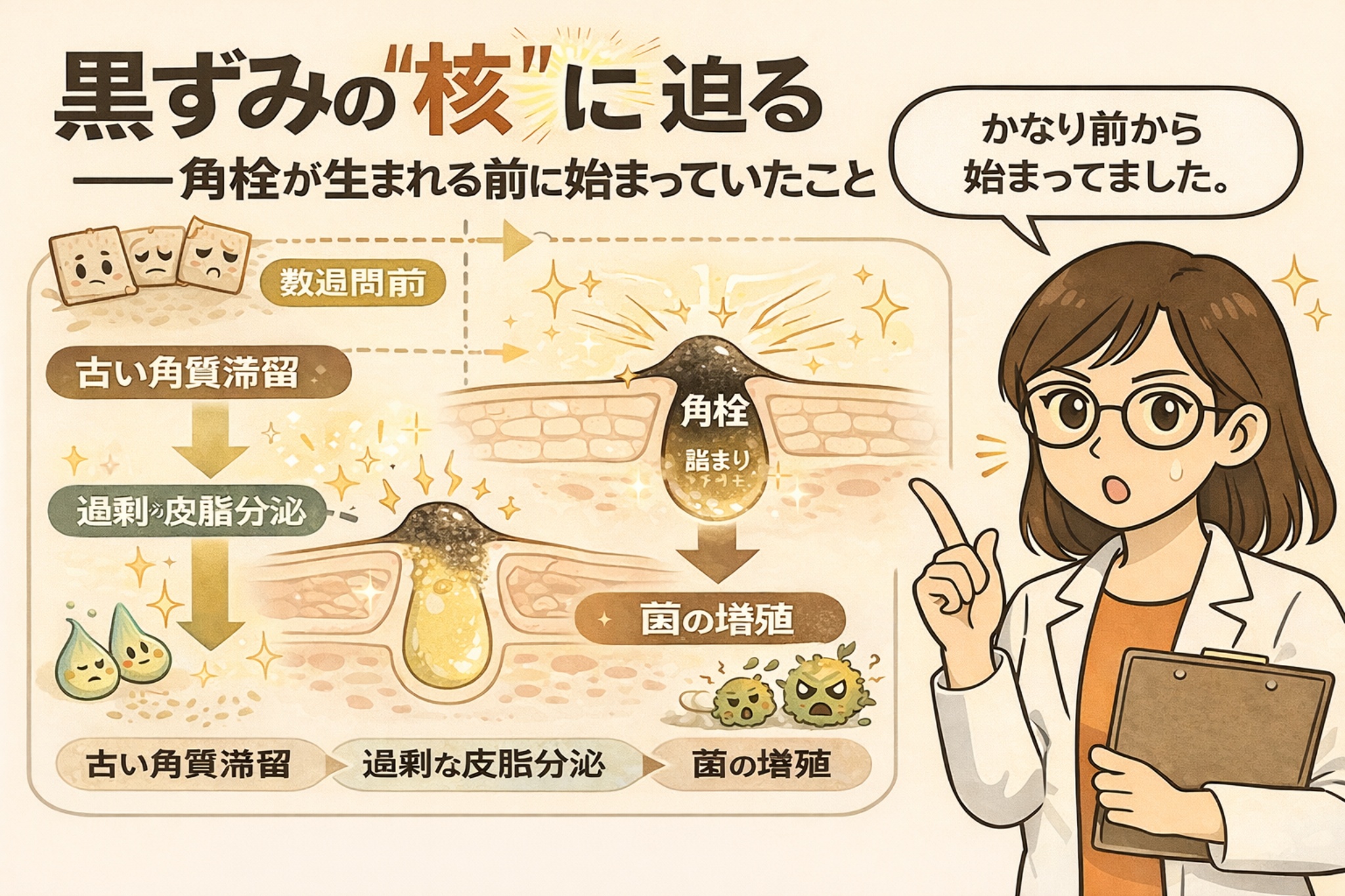 黒ずみの“核”が角栓になる前から始まっている過程を時系列で解説した図解イラスト。数週間前の古い角質滞留から過剰な皮脂分泌、角栓の詰まり、菌の増殖へと進行する流れを毛穴断面図で示し、黒ずみはかなり前から進行していることを白衣の女性が説明している。
