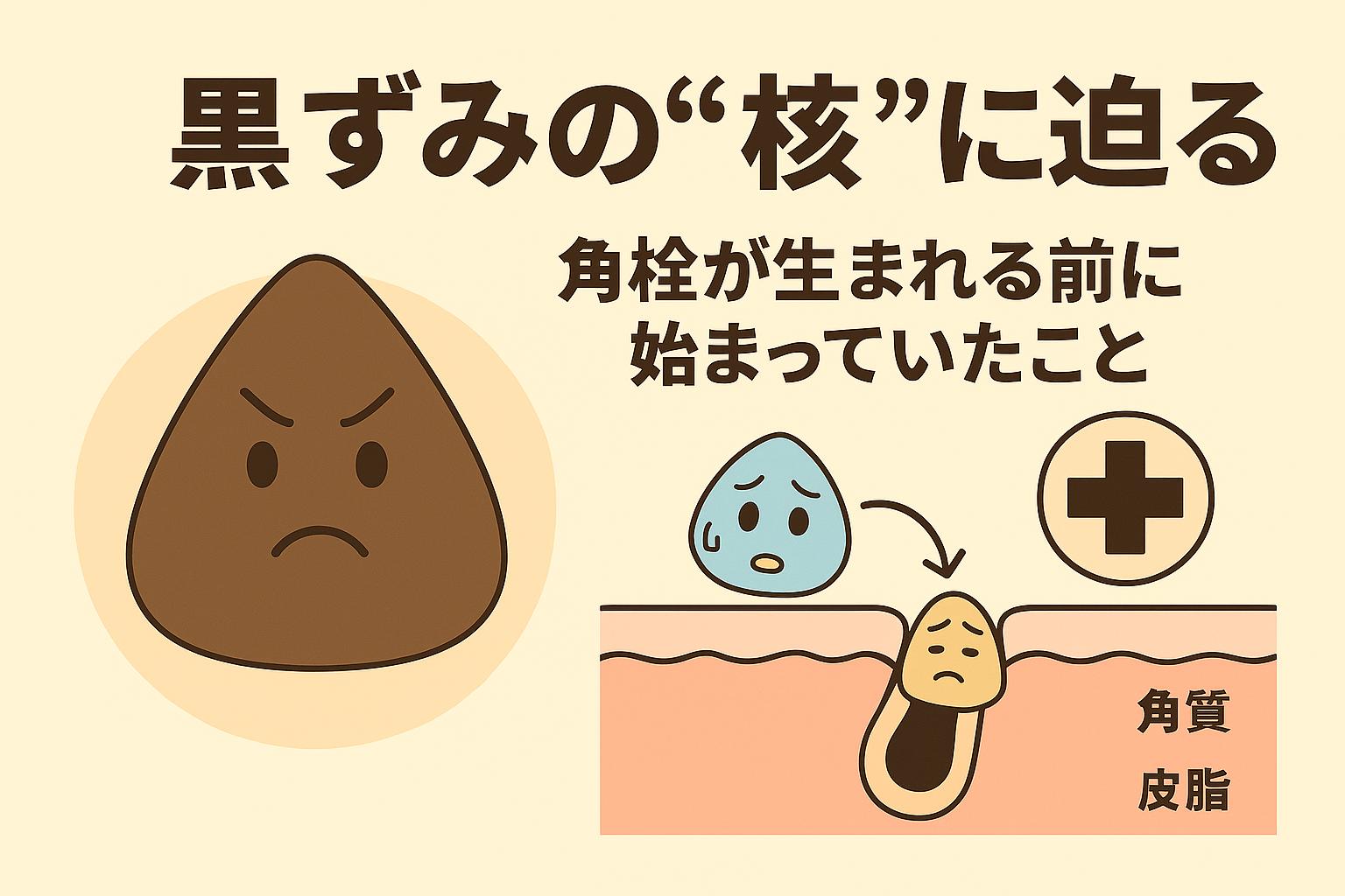 怒った黒ずみキャラと、水色の皮脂キャラ、角質の層構造が登場する教育系イラスト。「黒ずみの“核”に迫る」という文字とともに、黒ずみができる前の段階から始まっていた角栓生成のメカニズムを視覚的に示している。