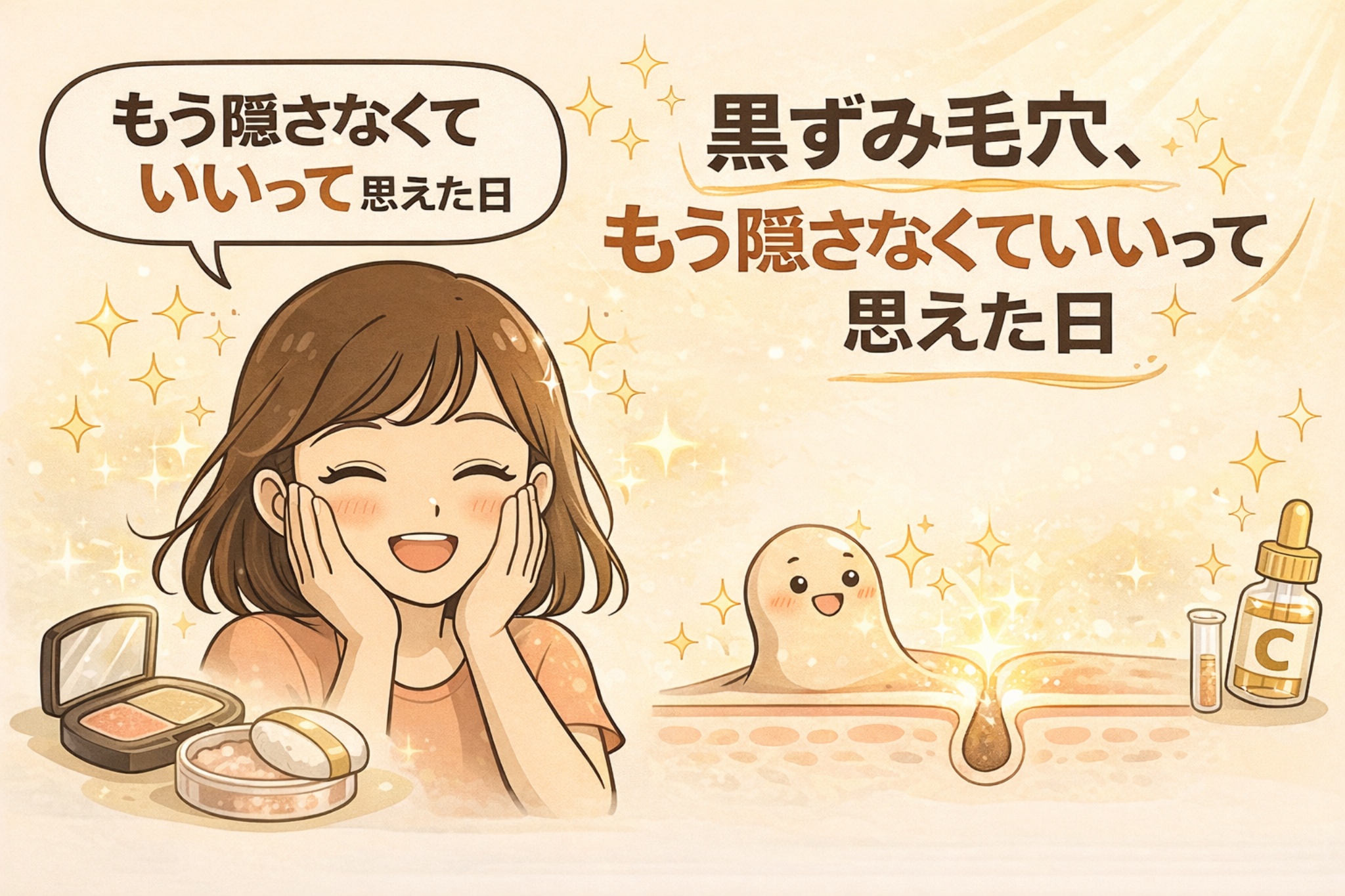 黒ずみ毛穴をもう隠さなくていいと感じられた瞬間を描いたイラスト。頬に手を当てて笑顔になる女性と、明るく整った毛穴断面図を並べ、ベースメイクに頼らず自信を持てる肌状態をやさしい雰囲気で表現している。