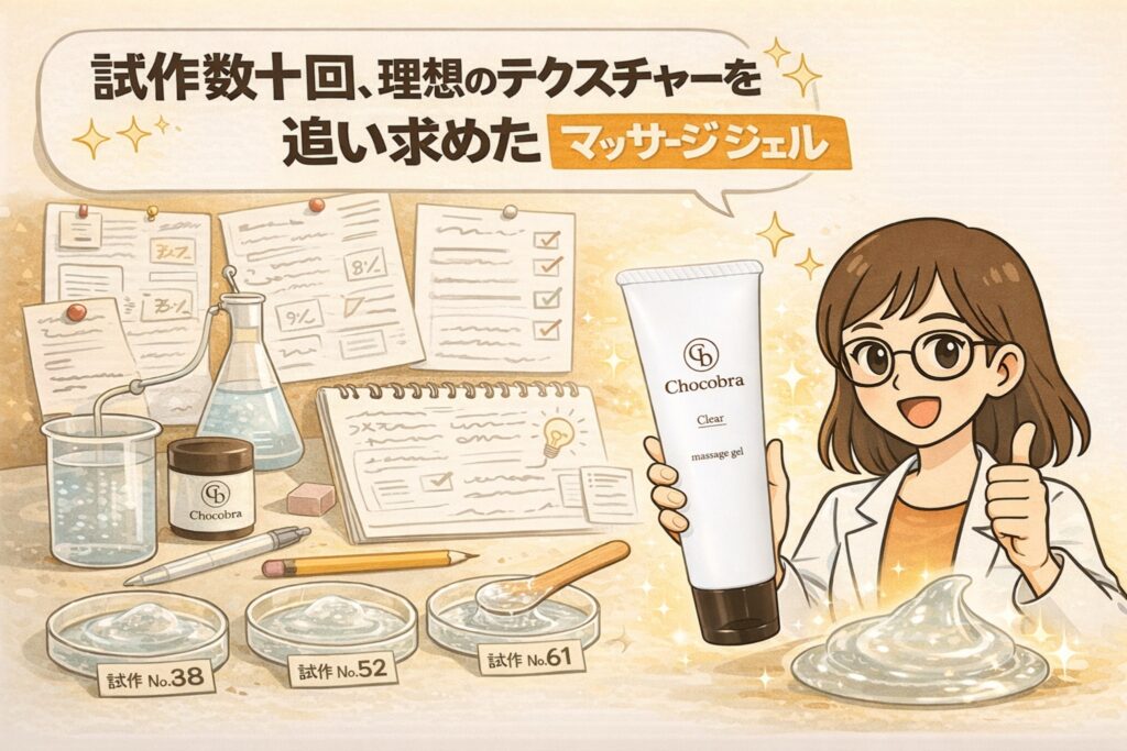 試作を重ねて理想のテクスチャーを追求したマッサージジェルの開発過程を描いた図解イラスト。研究ノートや試作品、ビーカーに囲まれた環境で、Chocobraのマッサージジェルを手にする女性が開発背景を説明している。