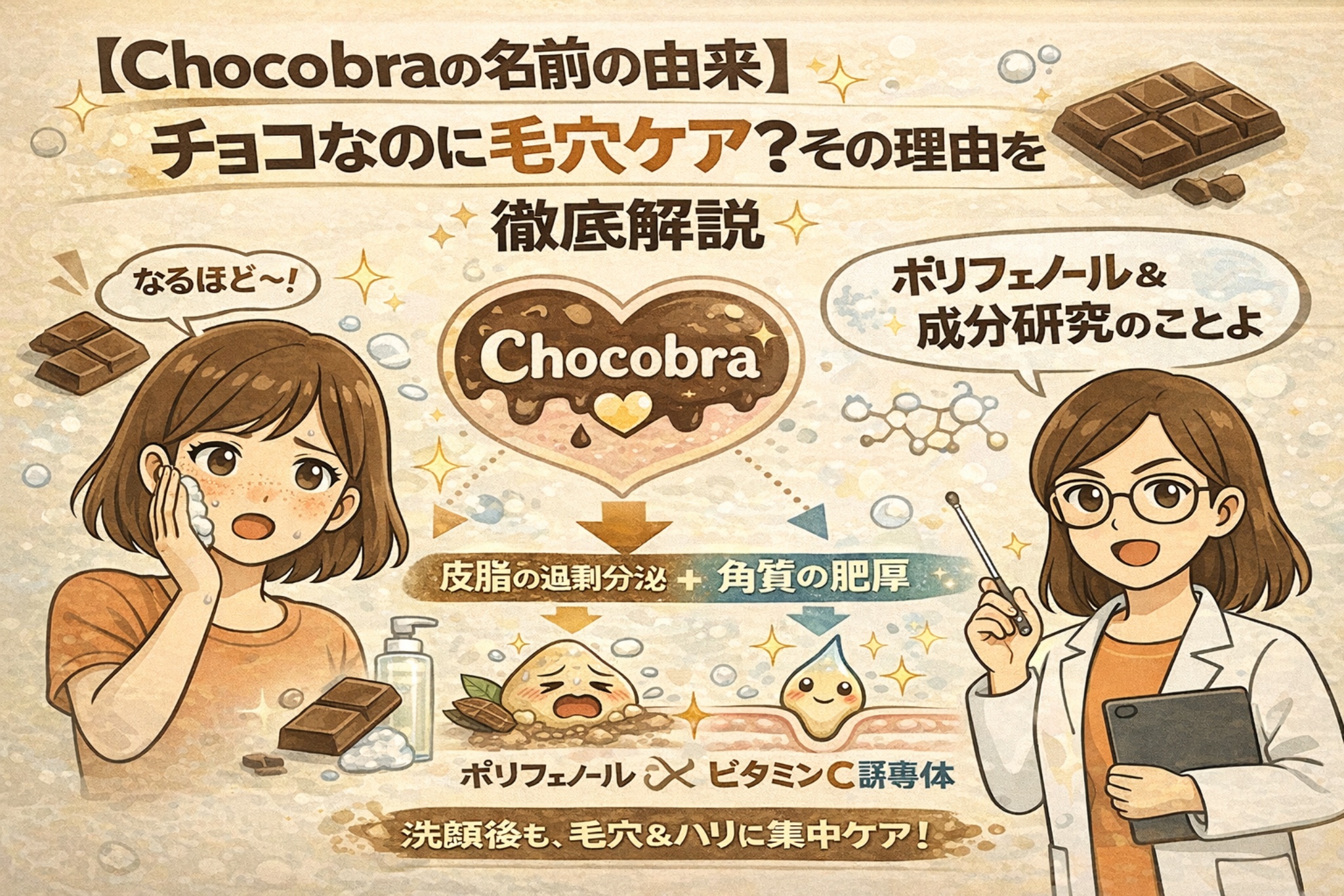 「Chocobraの名前の由来」を解説する図解イラスト。チョコレートと毛穴ケアを結びつけたブランドコンセプトを示し、皮脂の過剰分泌や角質肥厚といった毛穴トラブルに対して、チョコ由来のポリフェノールやビタミンC誘導体の研究が関係していることを表現している。左には驚く女性、右には白衣と眼鏡の女性が解説役として描かれ、中央には「Chocobra」のロゴと毛穴断面の擬人化イラストが配置された教育・ブランド理解用ビジュアル。