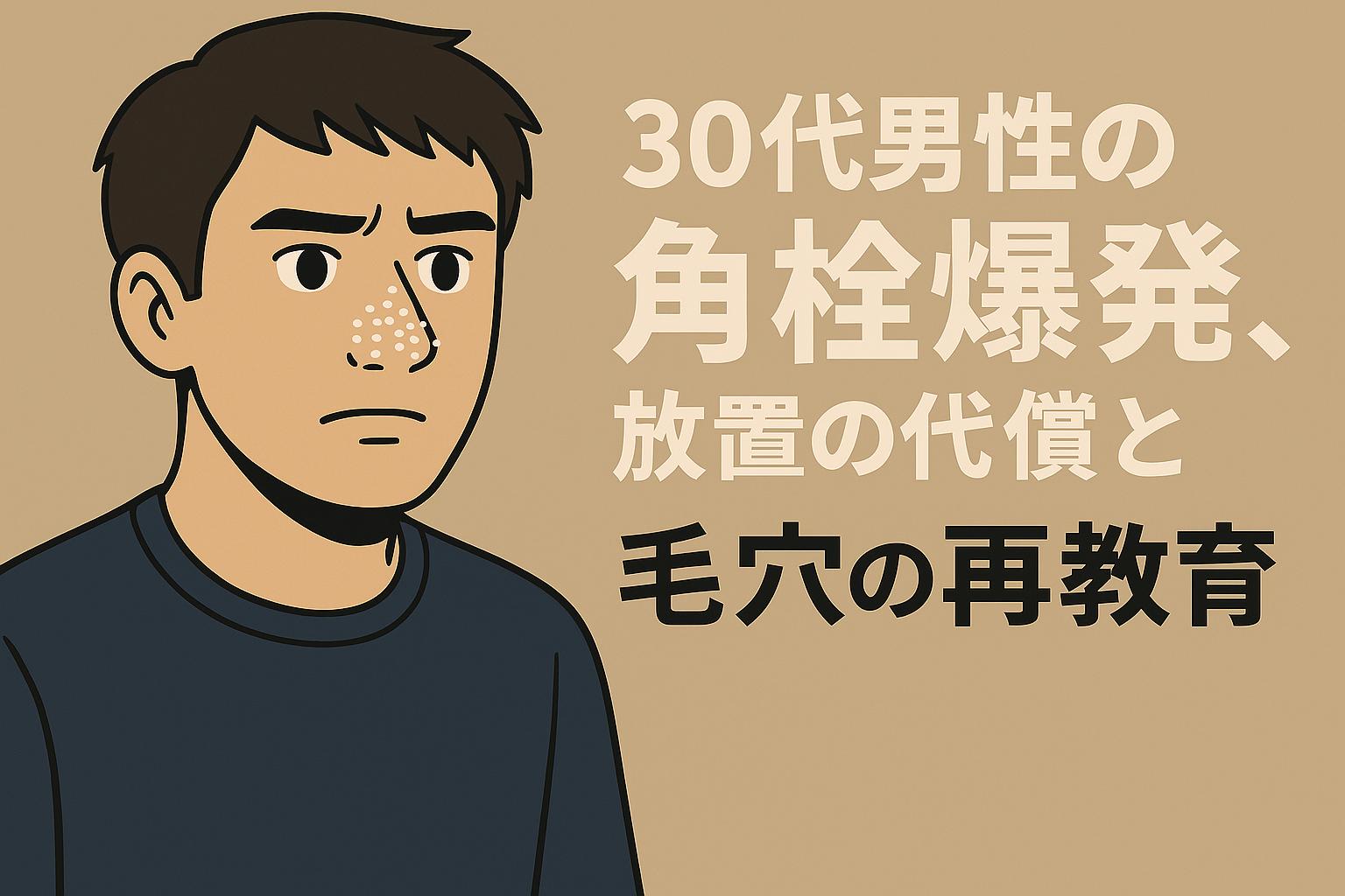角栓が詰まりきった鼻に悩む男性が真剣な表情で映る構成。ベージュ背景と読みやすい文字配置で「再教育」というテーマが際立つ。