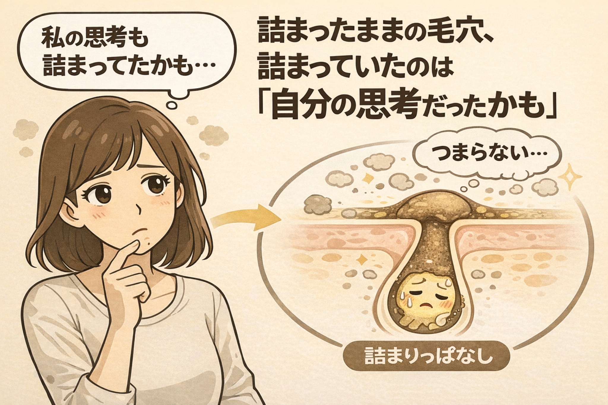 詰まった毛穴と凝り固まった思考を重ねて描いたイラスト。悩みながら考え込む女性の横に、角栓が詰まって流れが止まった毛穴の断面図が配置され、「詰まったままの毛穴＝詰まったままの思考」という比喩で、停滞が続く状態を表現している。毛穴の詰まり構造と心の状態を重ね合わせ、流れをつくることの重要性を示唆するビジュアル。