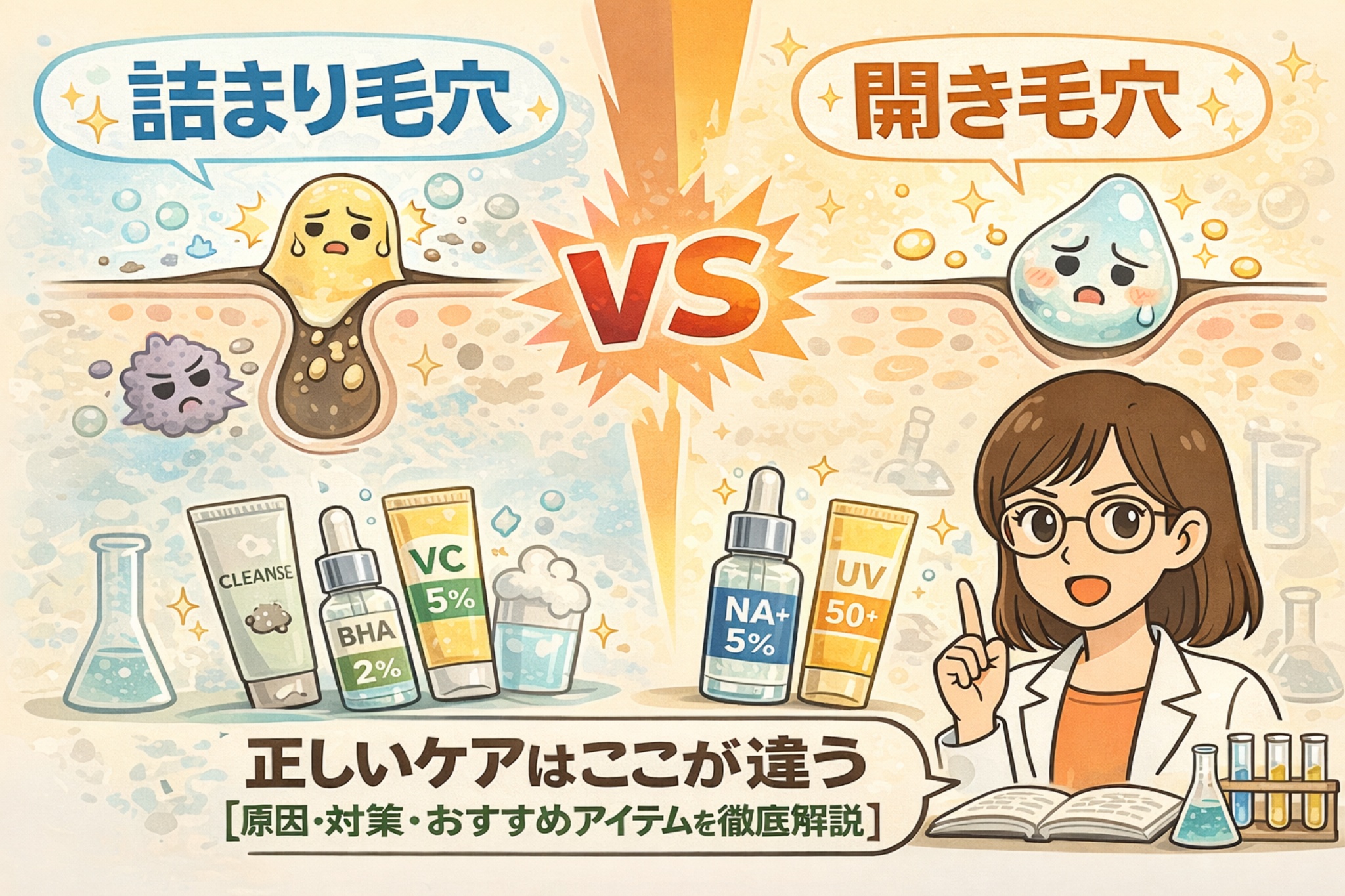 詰まり毛穴と開き毛穴の違いを、毛穴断面図とスキンケアアイテムの比較で解説したイラスト。角栓が詰まった毛穴と、皮脂分泌やバリア低下によって開いた毛穴を対比し、それぞれで正しいケア方法が異なることを、専門家の解説付きでわかりやすく示している。