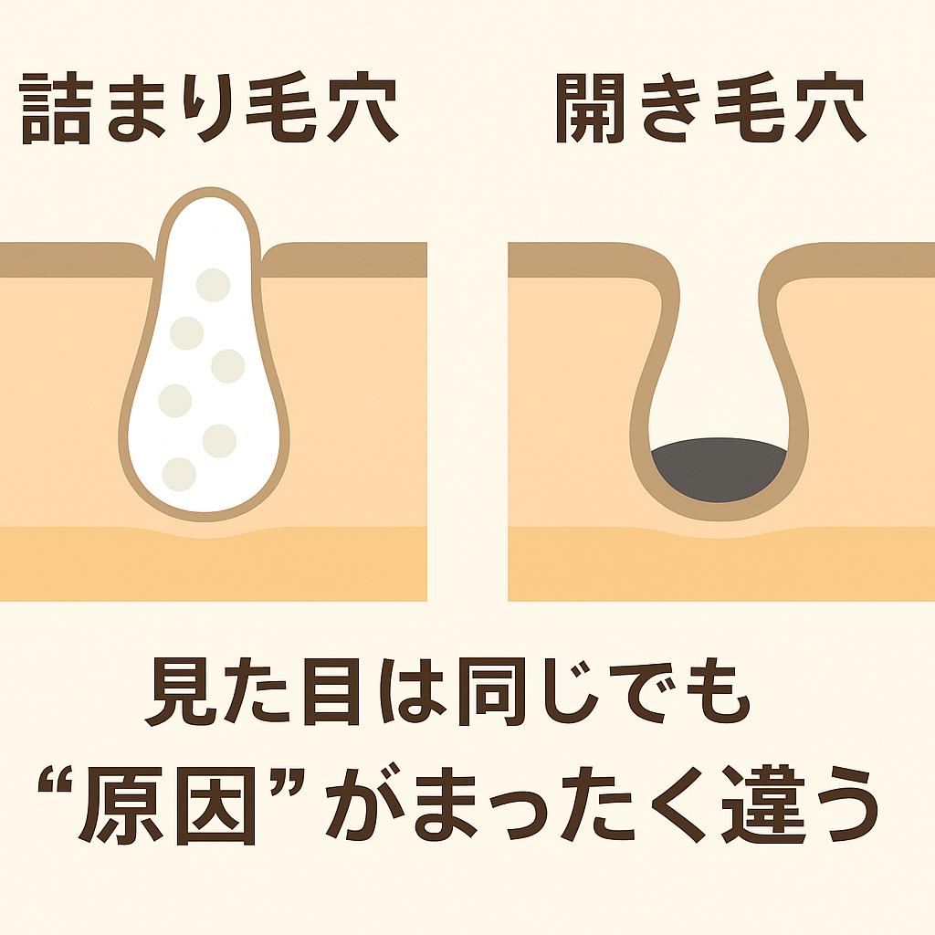 「詰まり毛穴」と「開き毛穴」の断面比較図。左は毛穴の中に白い角栓が詰まっている様子、右は毛穴の出口が広がり影が落ちている様子を示す。下部に「見た目は同じでも“原因”がまったく違う」と記載。 