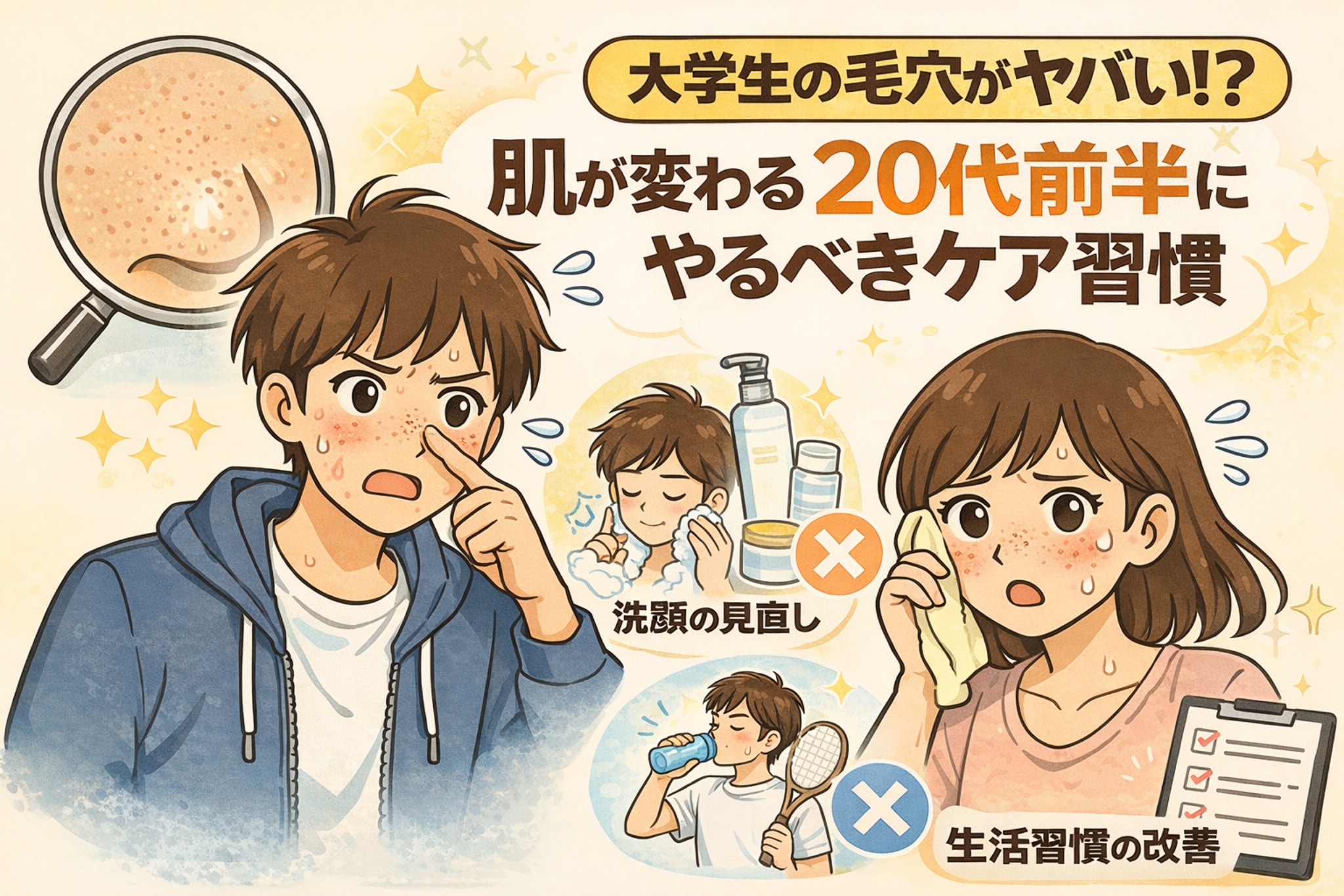 大学生の毛穴トラブルに焦点を当て、20代前半に肌が変わるタイミングで身につけるべきケア習慣を解説したイラスト。毛穴を気にする男女学生と、洗顔の見直しや生活習慣改善の重要性を示すアイコンを通して、早めの習慣化が毛穴状態を左右することを分かりやすく伝えている。