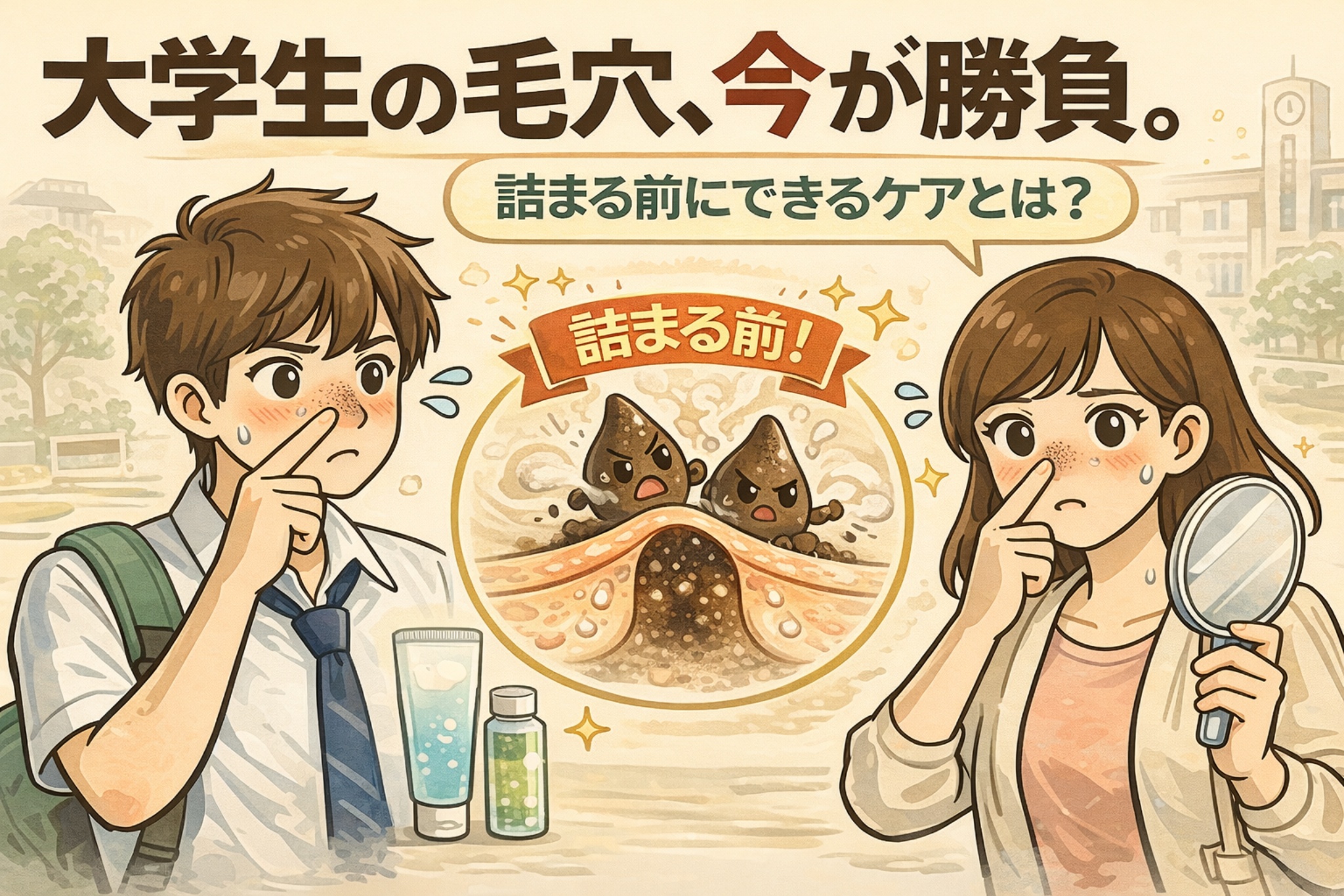 大学生の毛穴悩みをテーマに、詰まる前にできるケアの重要性を解説するイラスト。鏡で鼻を気にする男女の大学生と、毛穴内部で角栓ができる前の状態を示した断面図を描き、早めのケアが毛穴状態の分かれ目になることを視覚的に表現している。