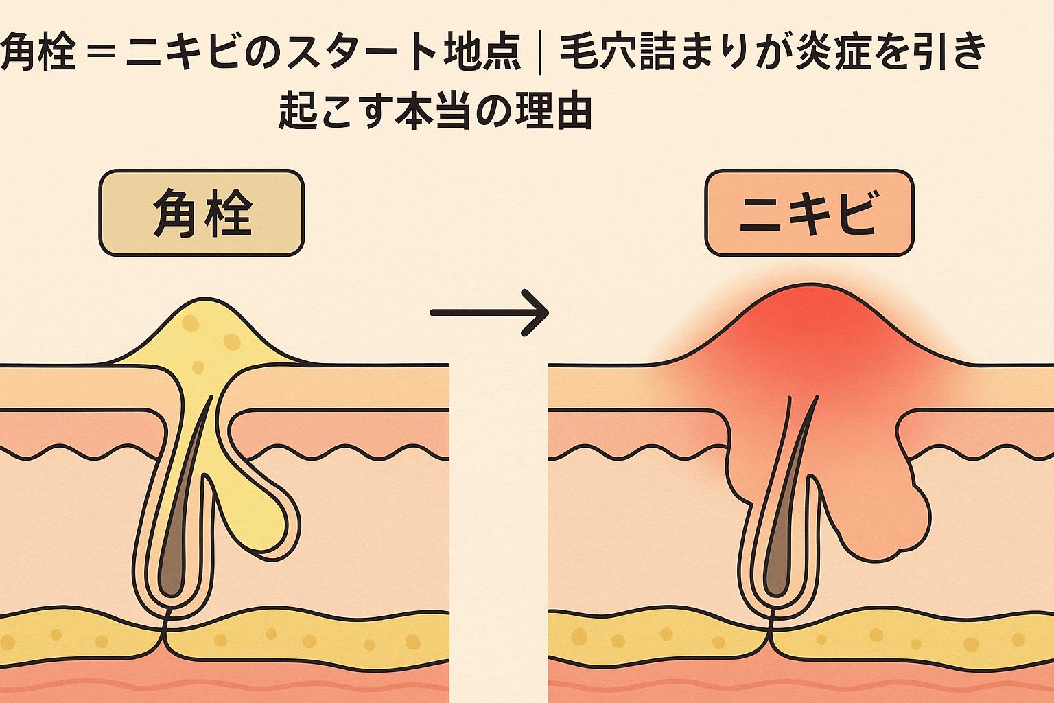 毛穴に詰まった角栓が炎症へ進行する過程を示す科学的な図解