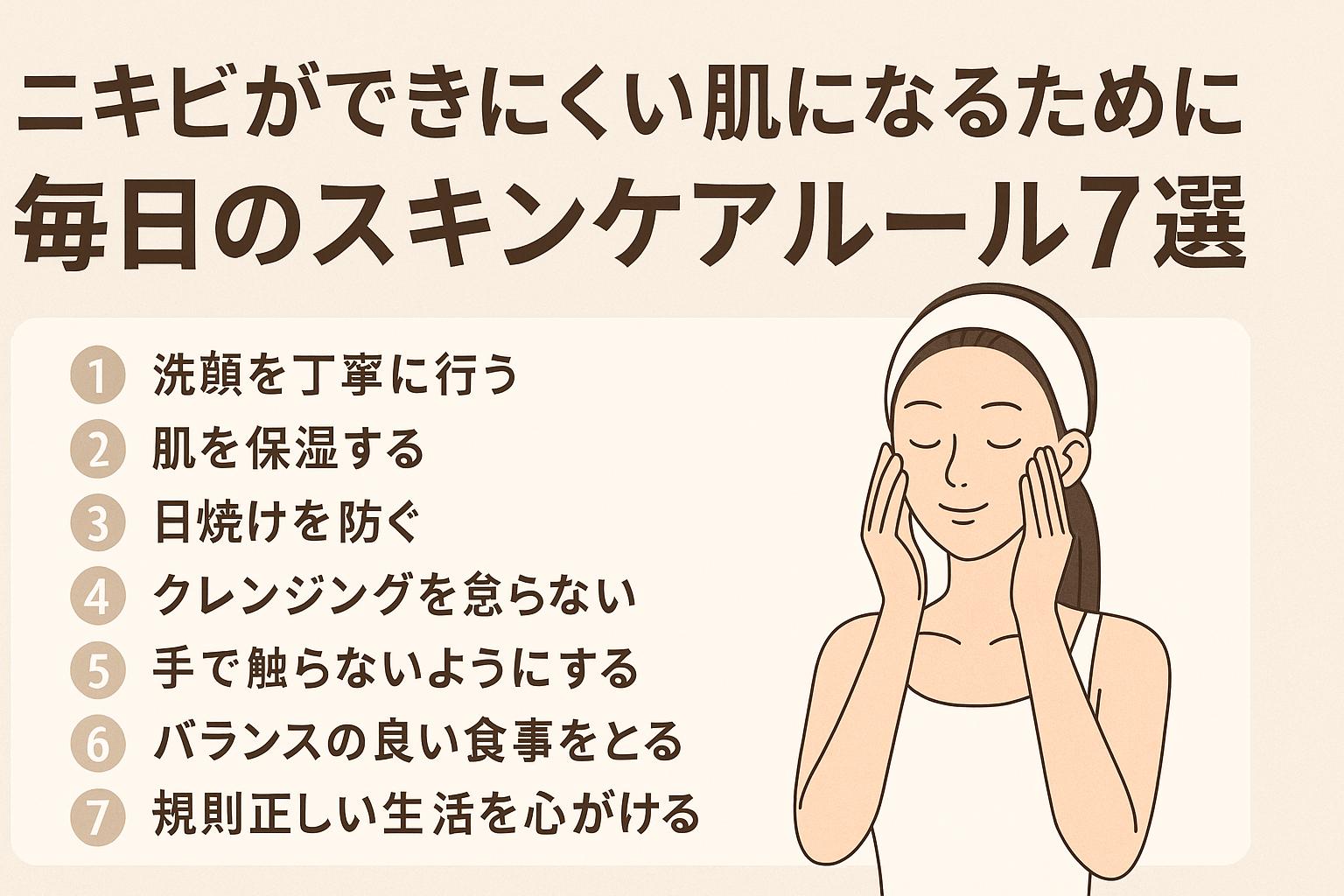 健康的な肌を保つための7つのスキンケアルールを描いた図
