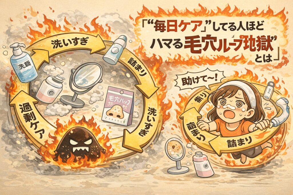 「毎日ケアしている人ほどハマる毛穴ループ地獄」を描いたイラスト。洗顔のしすぎ、過剰な角質ケア、酵素洗顔や毛穴パックなどを繰り返すことで、毛穴が詰まり・開き・悪化していく負の循環を炎のループで表現している。鏡やスキンケア用品に囲まれて助けを求める女性の姿を通して、“やりすぎケア”が毛穴トラブルを招く構造を視覚的に解説している。