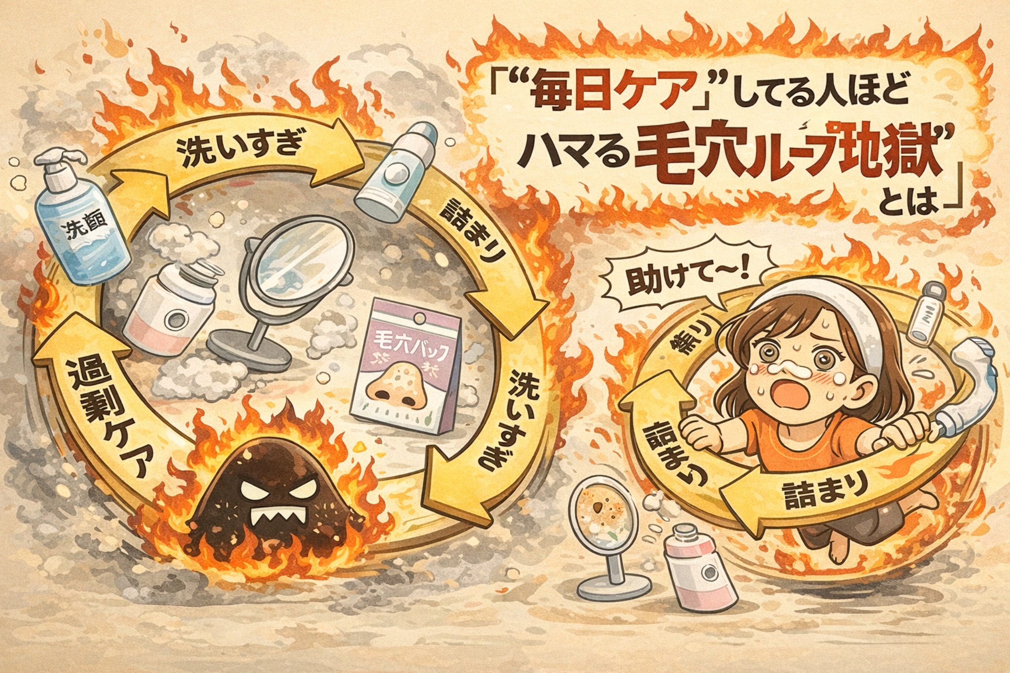 「毎日ケアしている人ほどハマる毛穴ループ地獄」を描いたイラスト。洗顔のしすぎ、過剰な角質ケア、酵素洗顔や毛穴パックなどを繰り返すことで、毛穴が詰まり・開き・悪化していく負の循環を炎のループで表現している。鏡やスキンケア用品に囲まれて助けを求める女性の姿を通して、“やりすぎケア”が毛穴トラブルを招く構造を視覚的に解説している。
