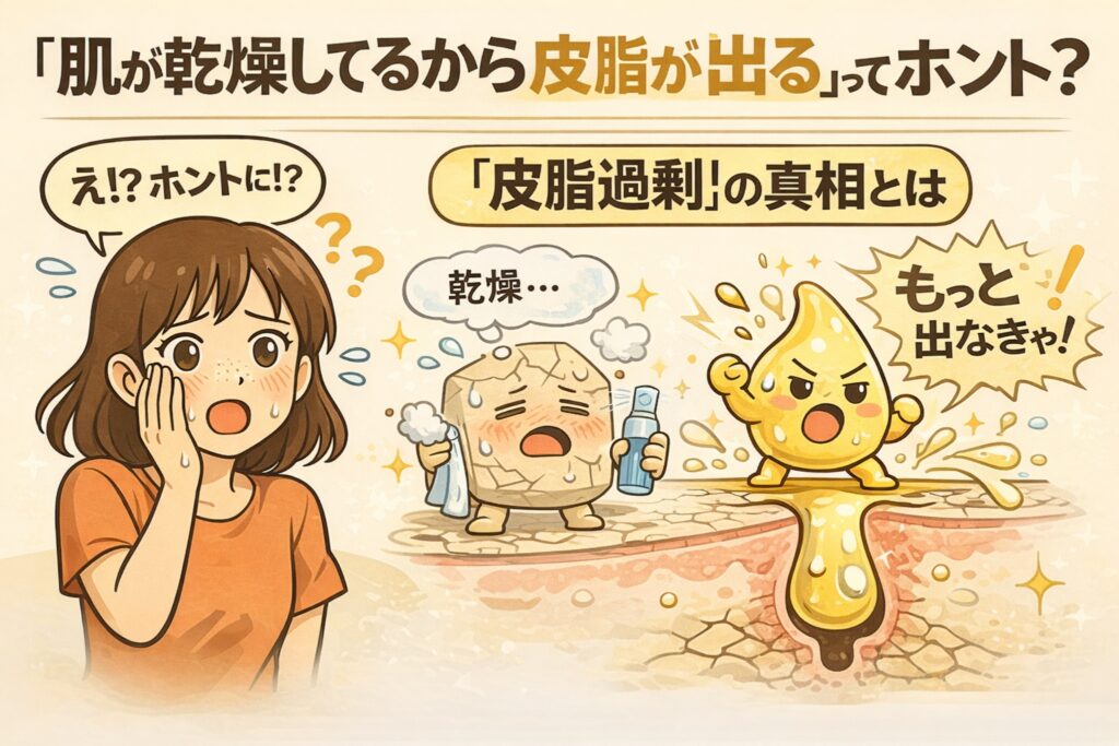 「肌が乾燥していると皮脂が増える」は本当かを解説した図解イラスト。乾燥した角質がうるおい不足を訴え、それに反応して皮脂分泌が活発になる仕組みを、肌断面図と擬人化した皮脂・角質キャラクターでわかりやすく示している。