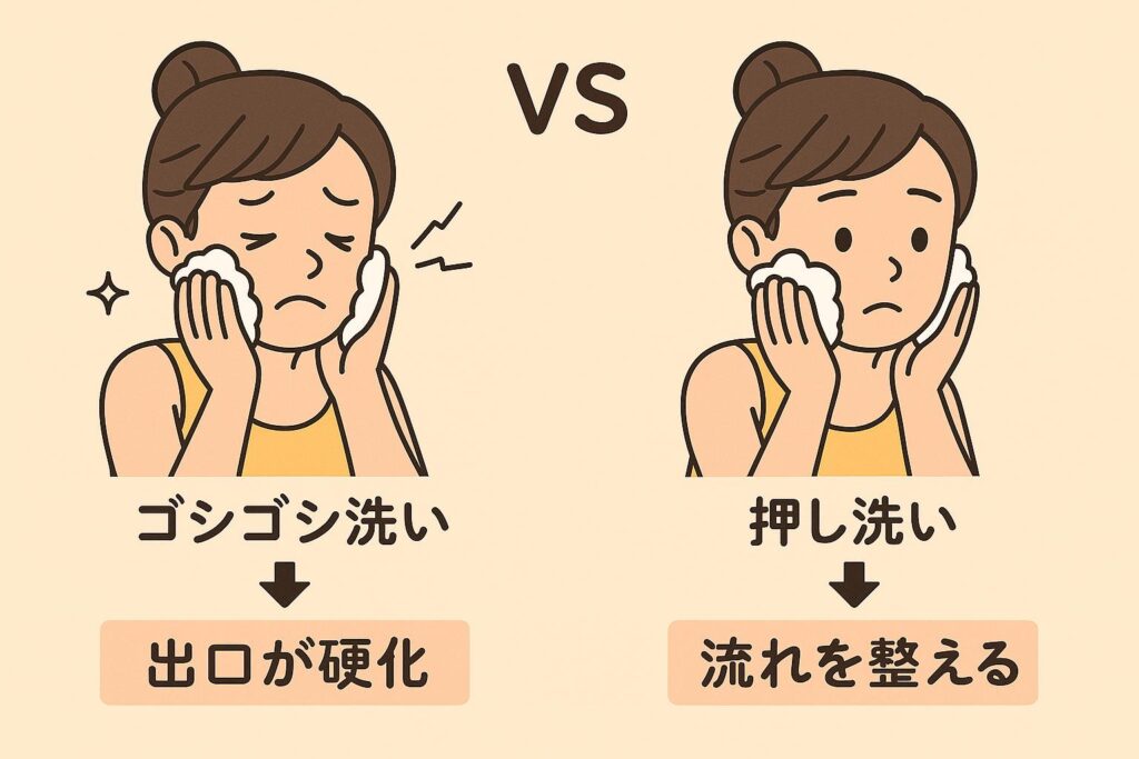 「洗顔方法の比較イラスト。左はゴシゴシ洗いで肌が赤く乾燥し毛穴の出口が硬化する様子。右は泡でやさしく押し洗いし、毛穴の流れが整う様子。中央に『VS』と表記され、対比が分かりやすく描かれている。」